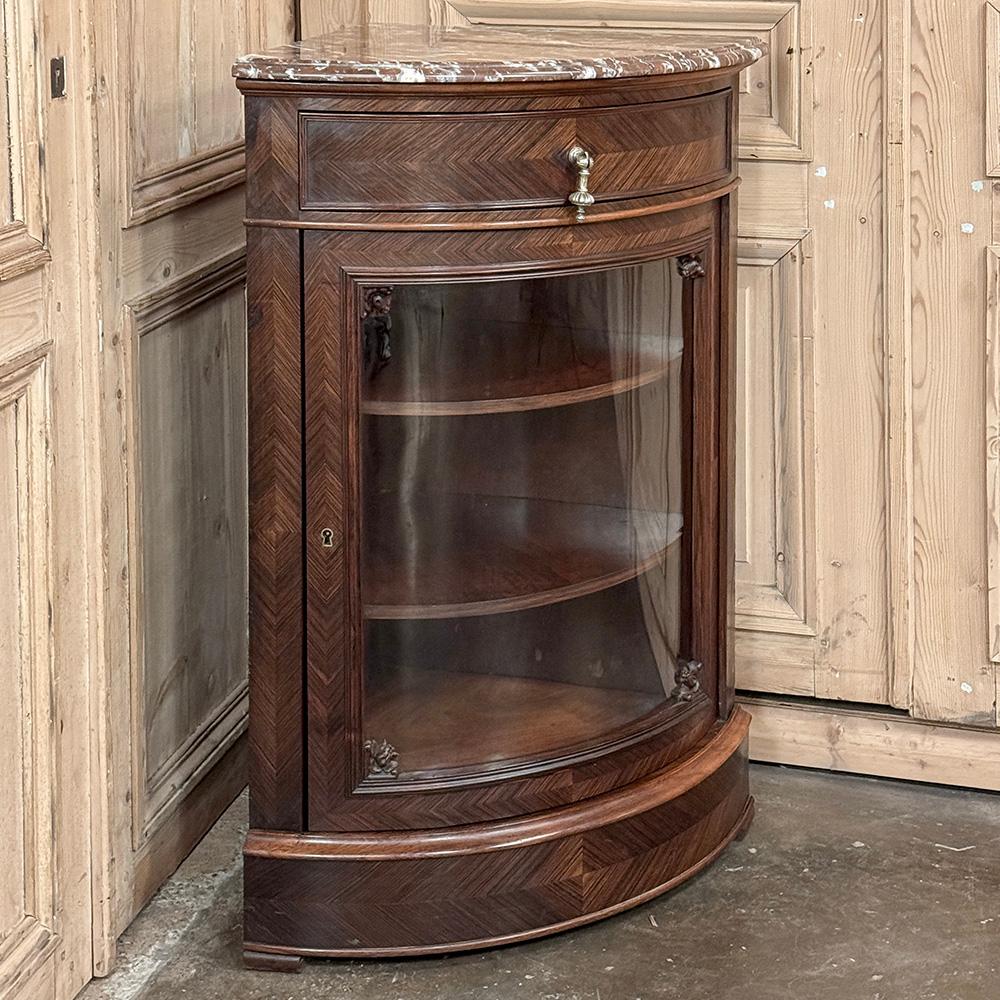 19th Century French Louis XVI Rosewood Marble Top Corner Vitrine ~ Cabinet In Good Condition For Sale In Dallas, TX