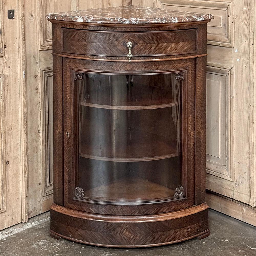 Late 19th Century 19th Century French Louis XVI Rosewood Marble Top Corner Vitrine ~ Cabinet For Sale