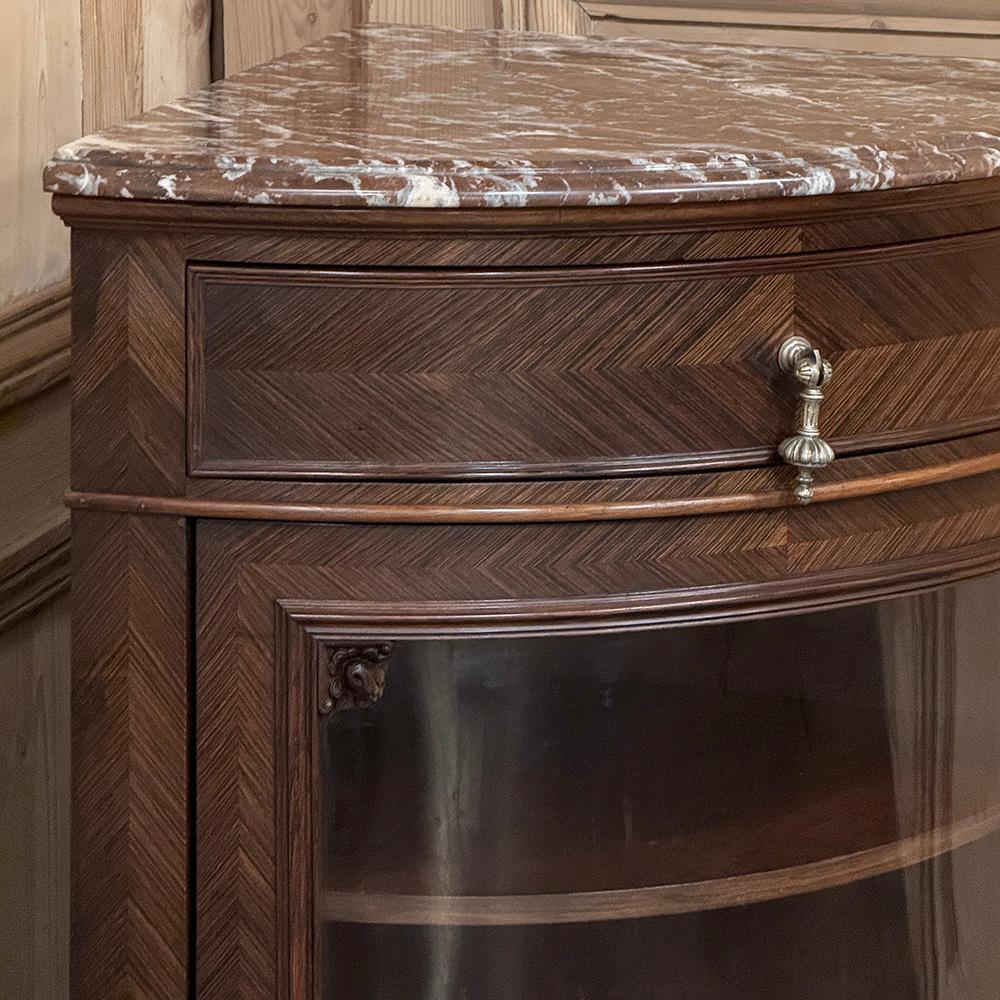 Bronze 19th Century French Louis XVI Rosewood Marble Top Corner Vitrine ~ Cabinet For Sale