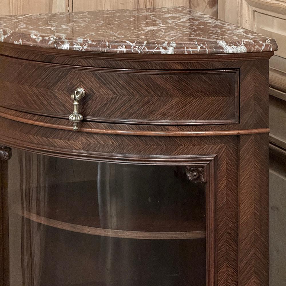 19th Century French Louis XVI Rosewood Marble Top Corner Vitrine ~ Cabinet For Sale 4