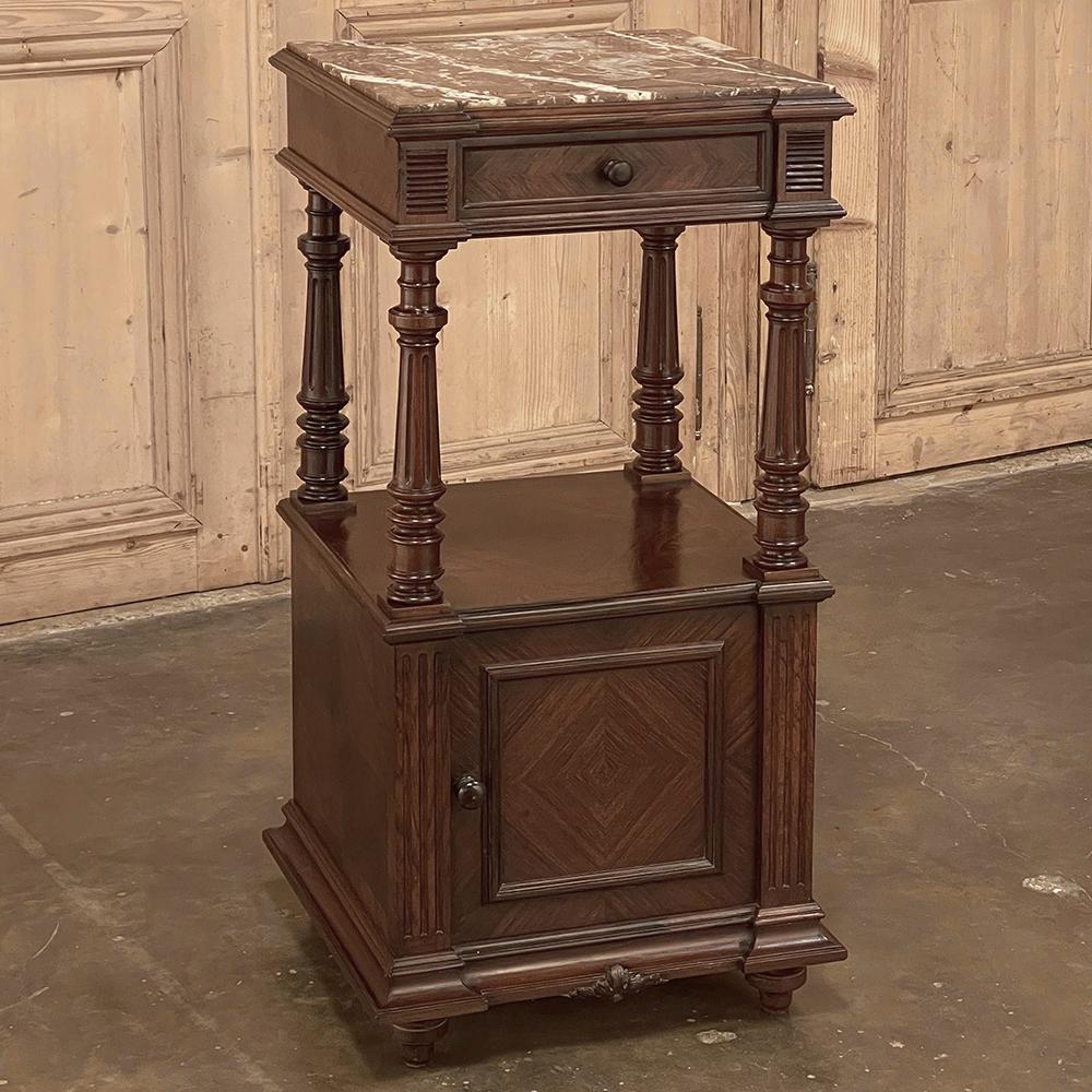 19th Century French Louis XVI rosewood marble top nightstand were crafted from what is considered the king of woods, obtained in such abundance during the late 18th and entire 19th centuries by European furniture makers that the species is protected