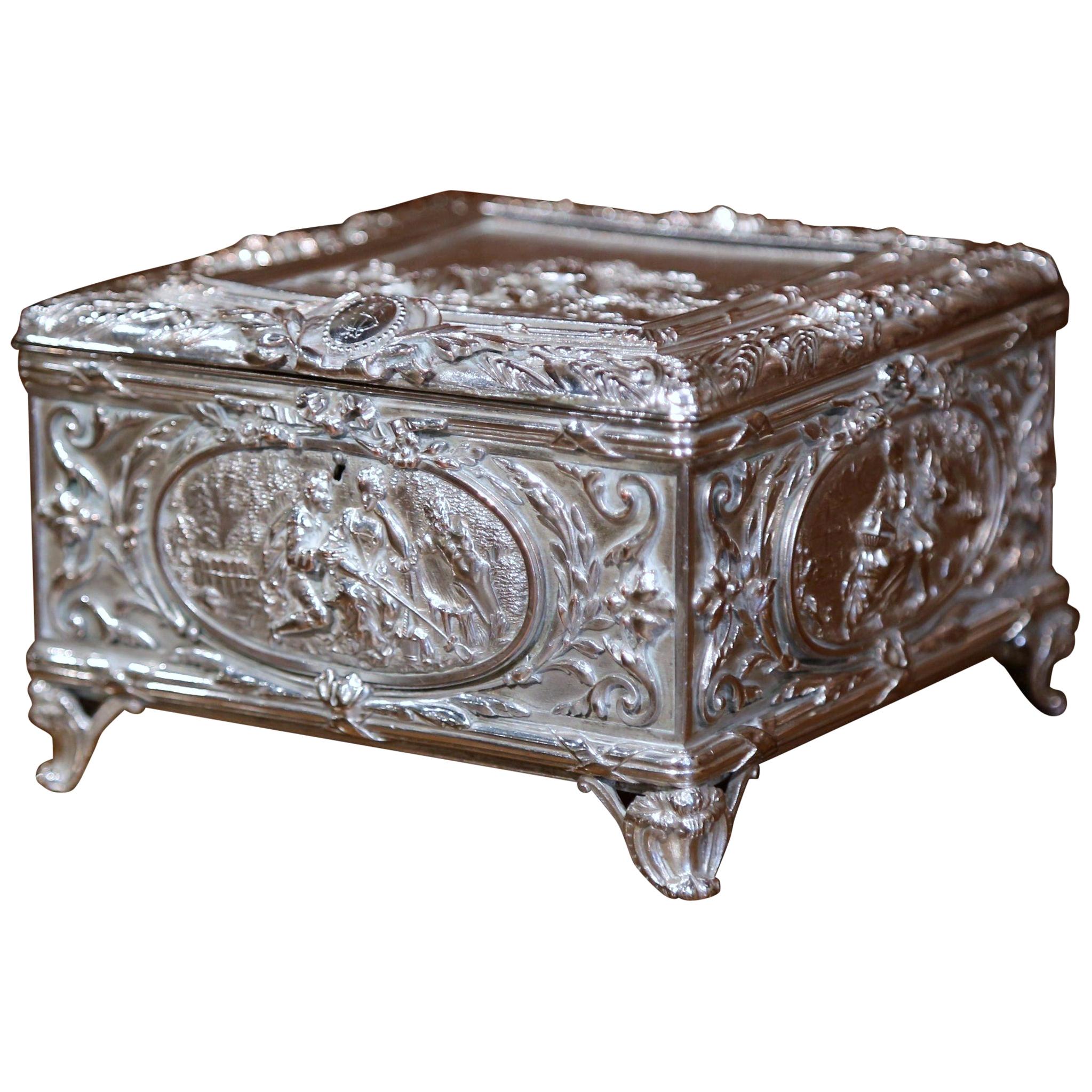 19th Century French Louis XVI Silver on Copper Repoussé Jewelry Casket Box