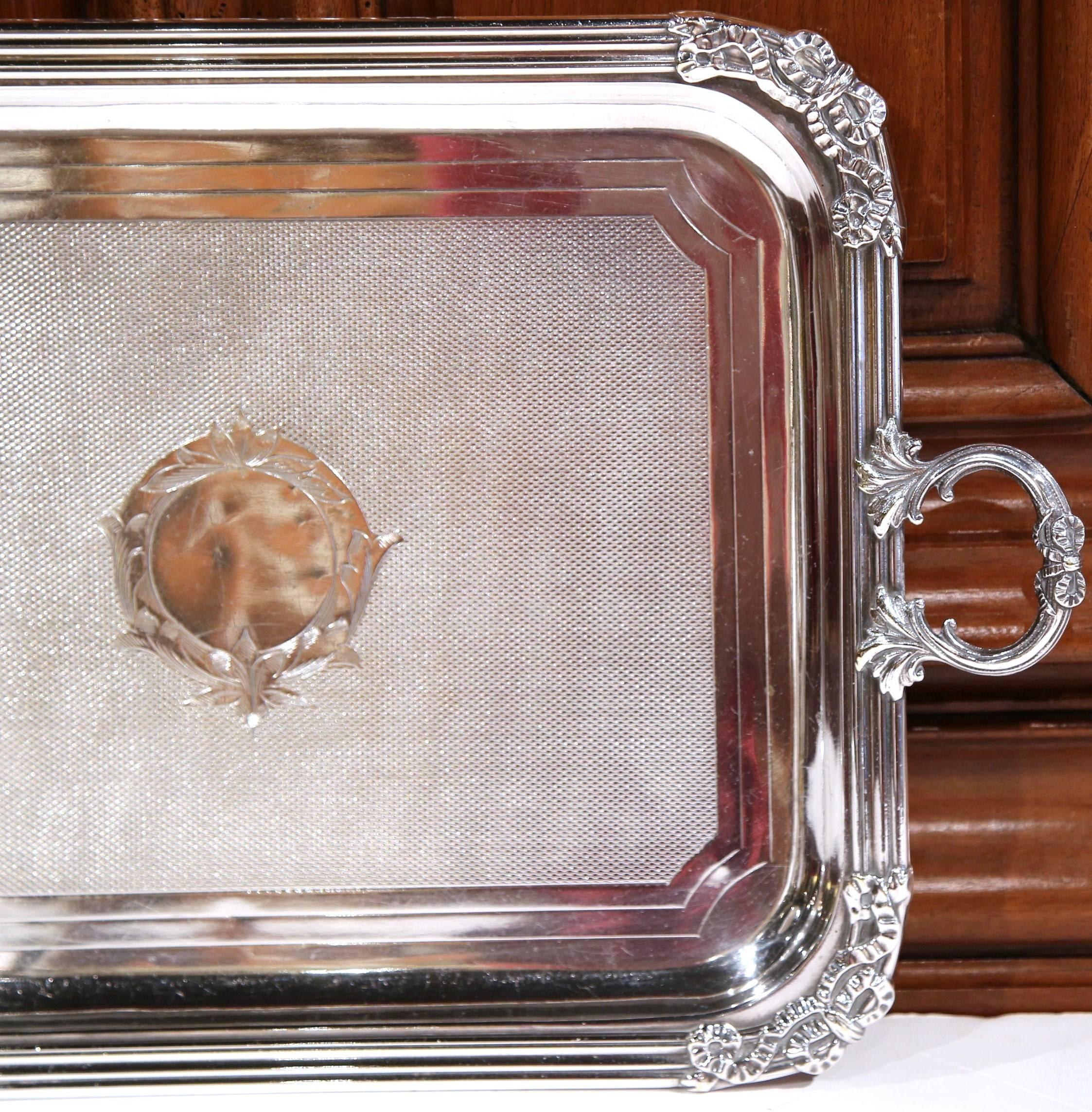 Repoussé 19th Century French Louis XVI Silver Plated Tray with Repousse Decor and Handles For Sale