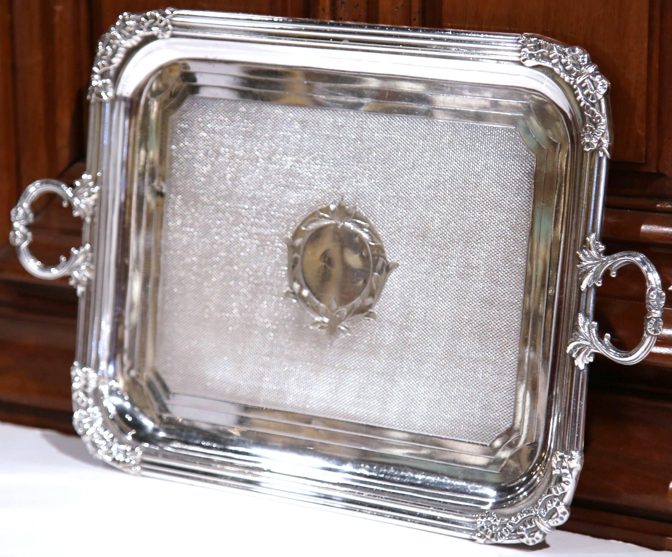 19th Century French Louis XVI Silver Plated Tray with Repousse Decor and Handles For Sale 1