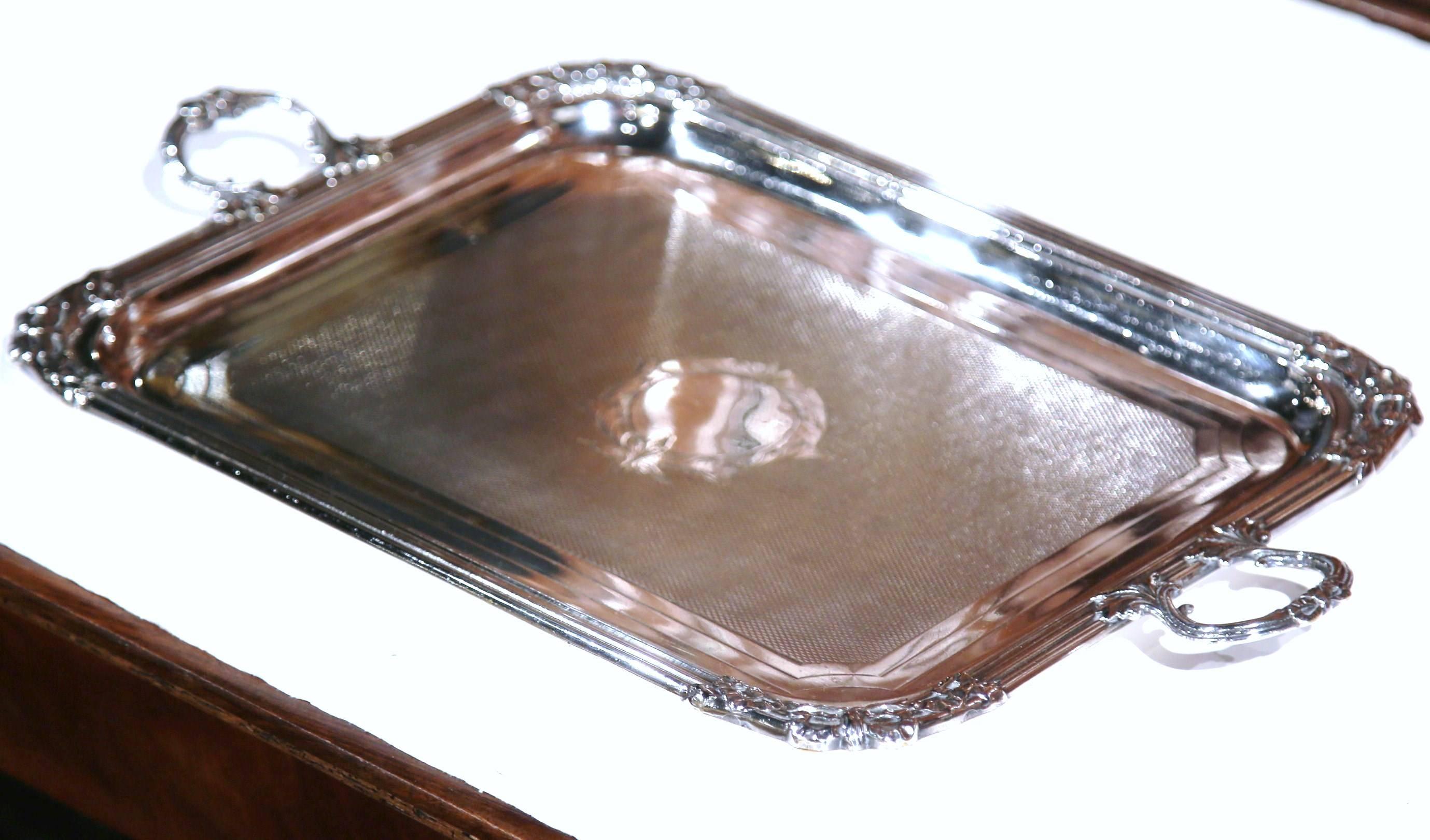 19th Century French Louis XVI Silver Plated Tray with Repousse Decor and Handles For Sale 3