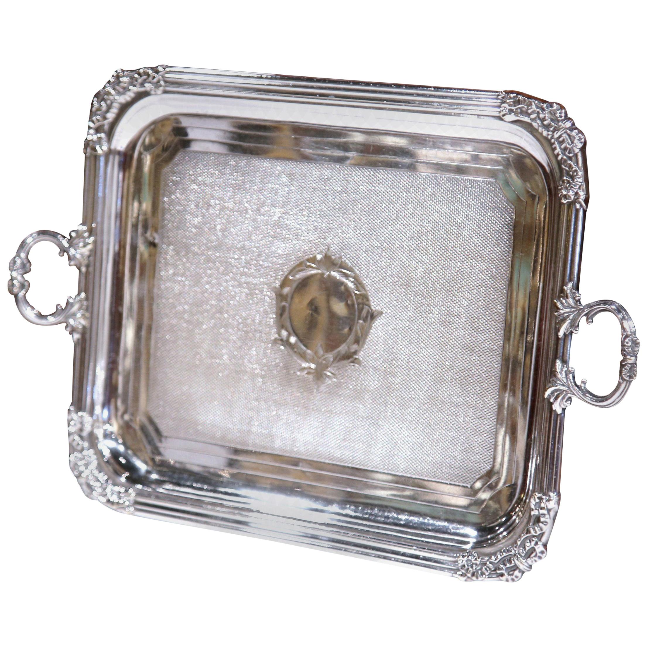 19th Century French Louis XVI Silver Plated Tray with Repousse Decor and Handles For Sale