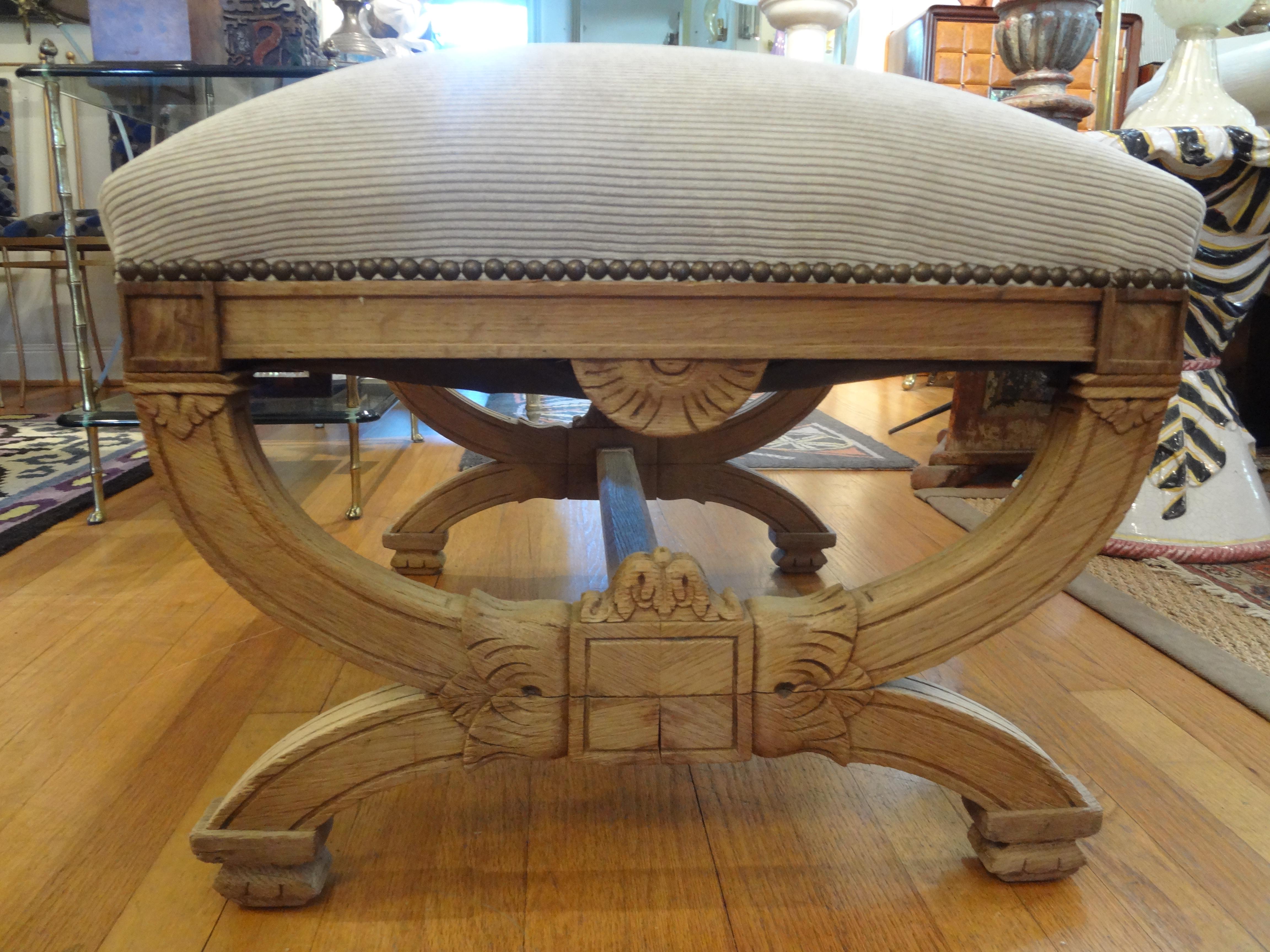Large 19th century French Louis XVI style bleached walnut bench, ottoman, stool or tabouret professionally upholstered in a cut velvet fabric with brass nail head trim. Large and comfortable enough for extra seating when needed.