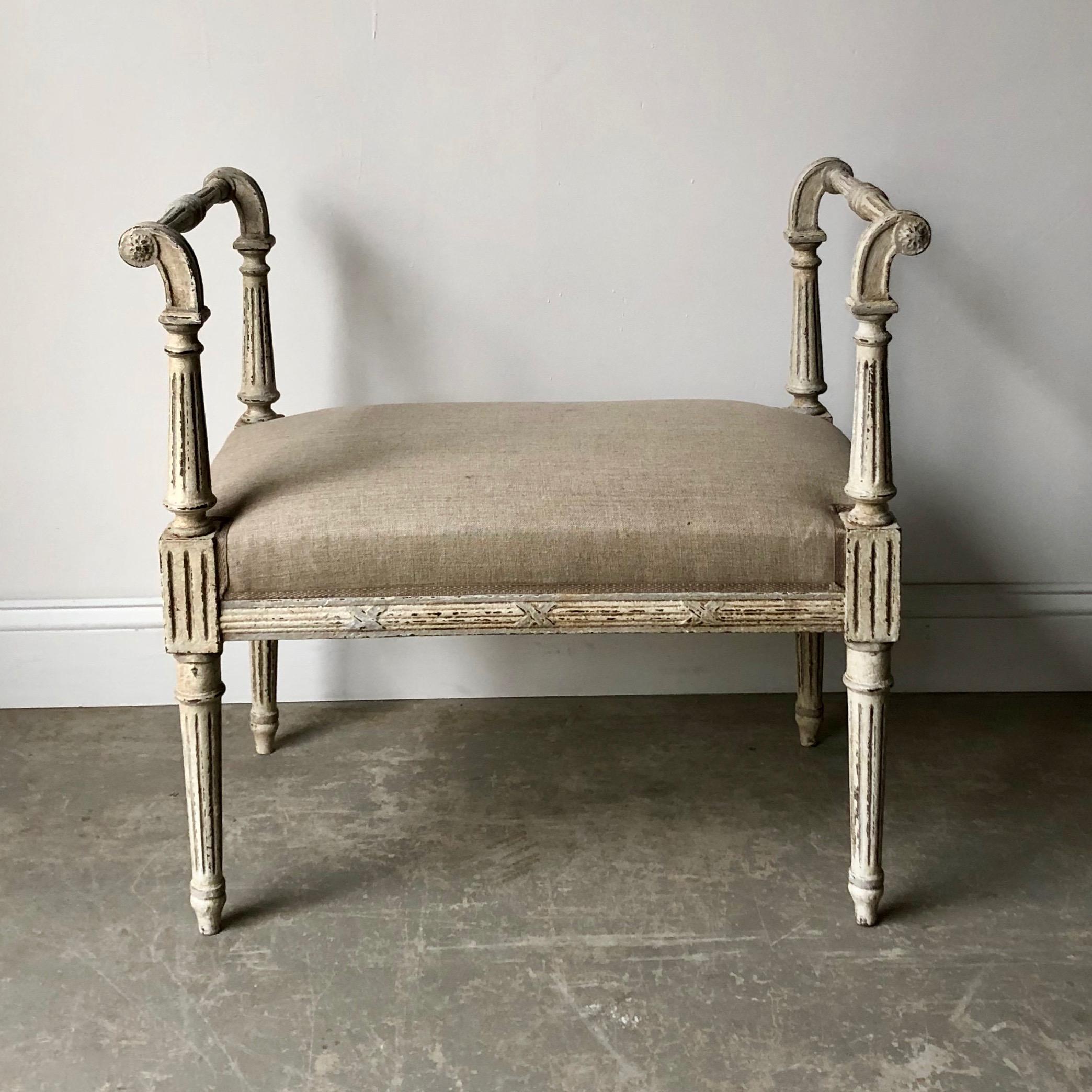 Hand-Carved 19th Century French Louis XVI Style Bench with Armrests