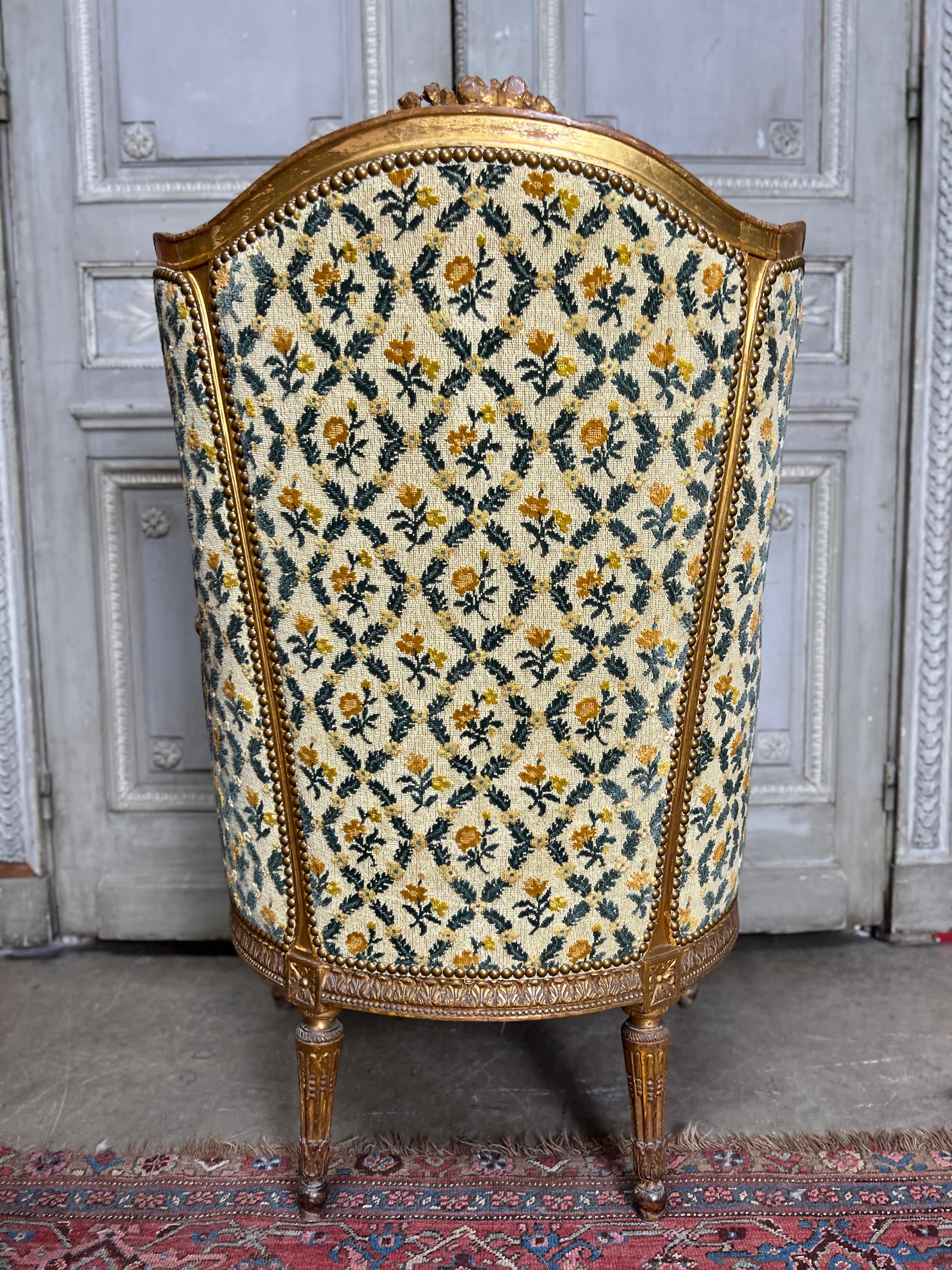 Gold Leaf 19th Century French Louis XVI Style Bergere in Gilt Finish.   For Sale
