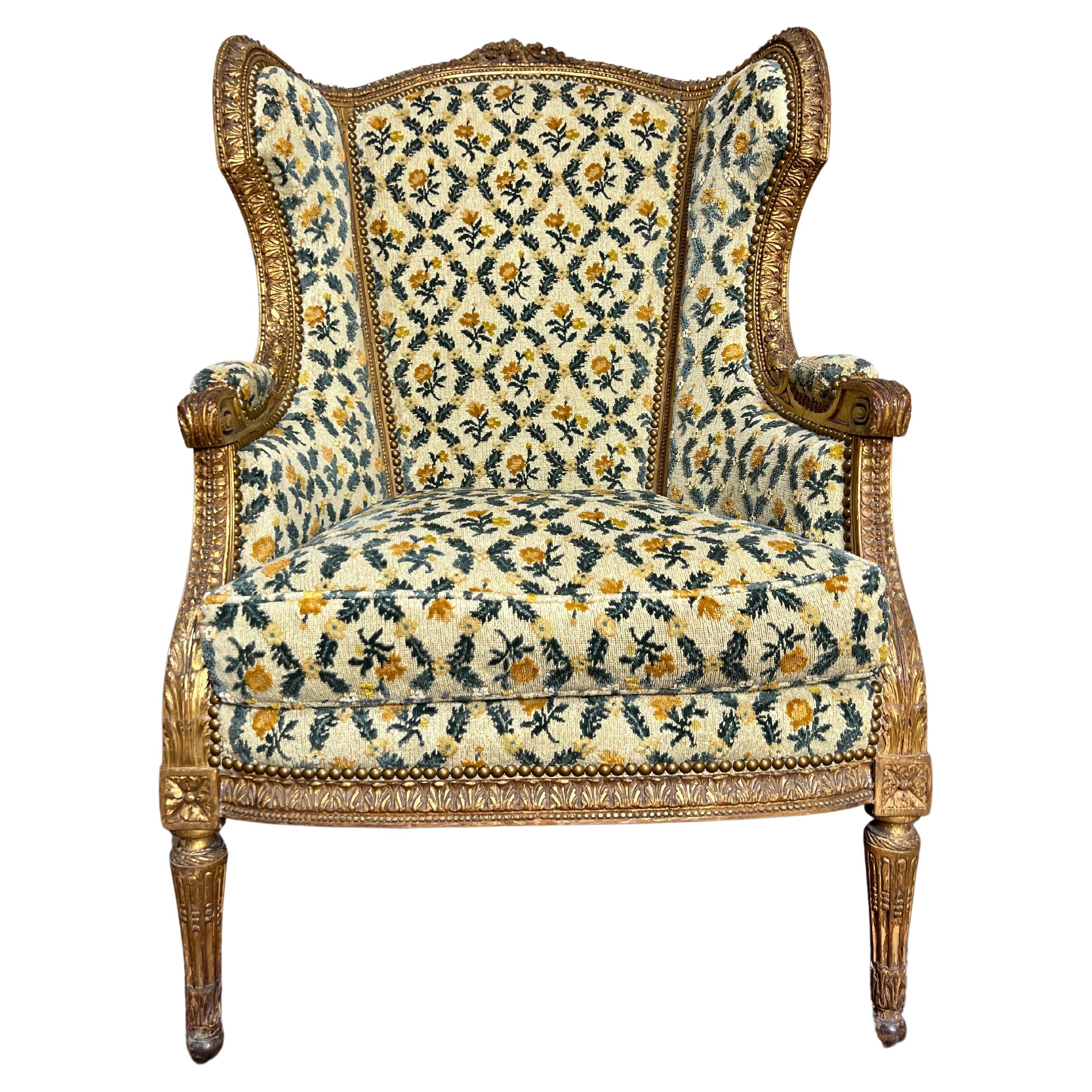 19th Century French Louis XVI Style Bergere in Gilt Finish.