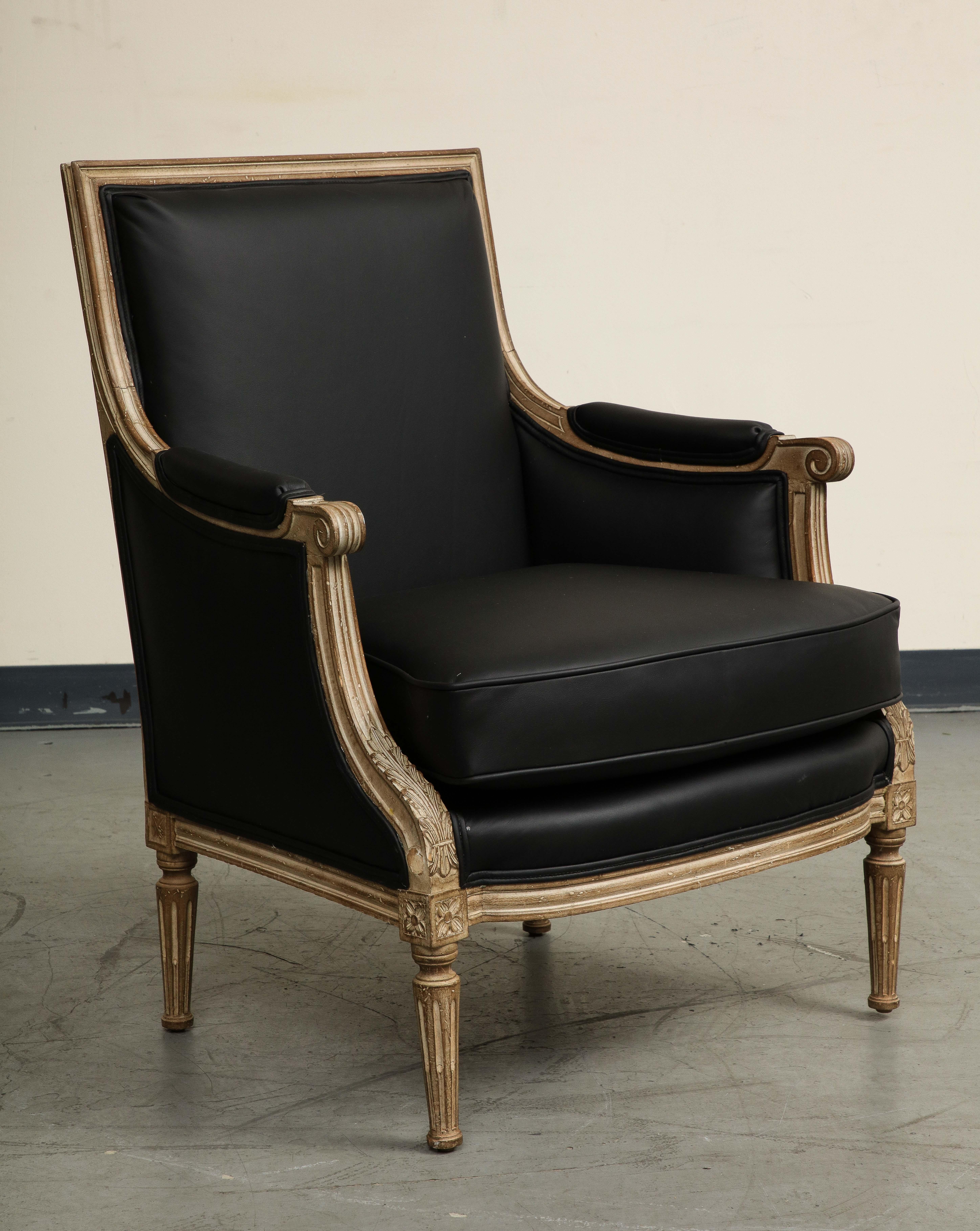 19th Century French Louis XVI Style Black Leather Painted Bergère Armchair In Good Condition In Chicago, IL