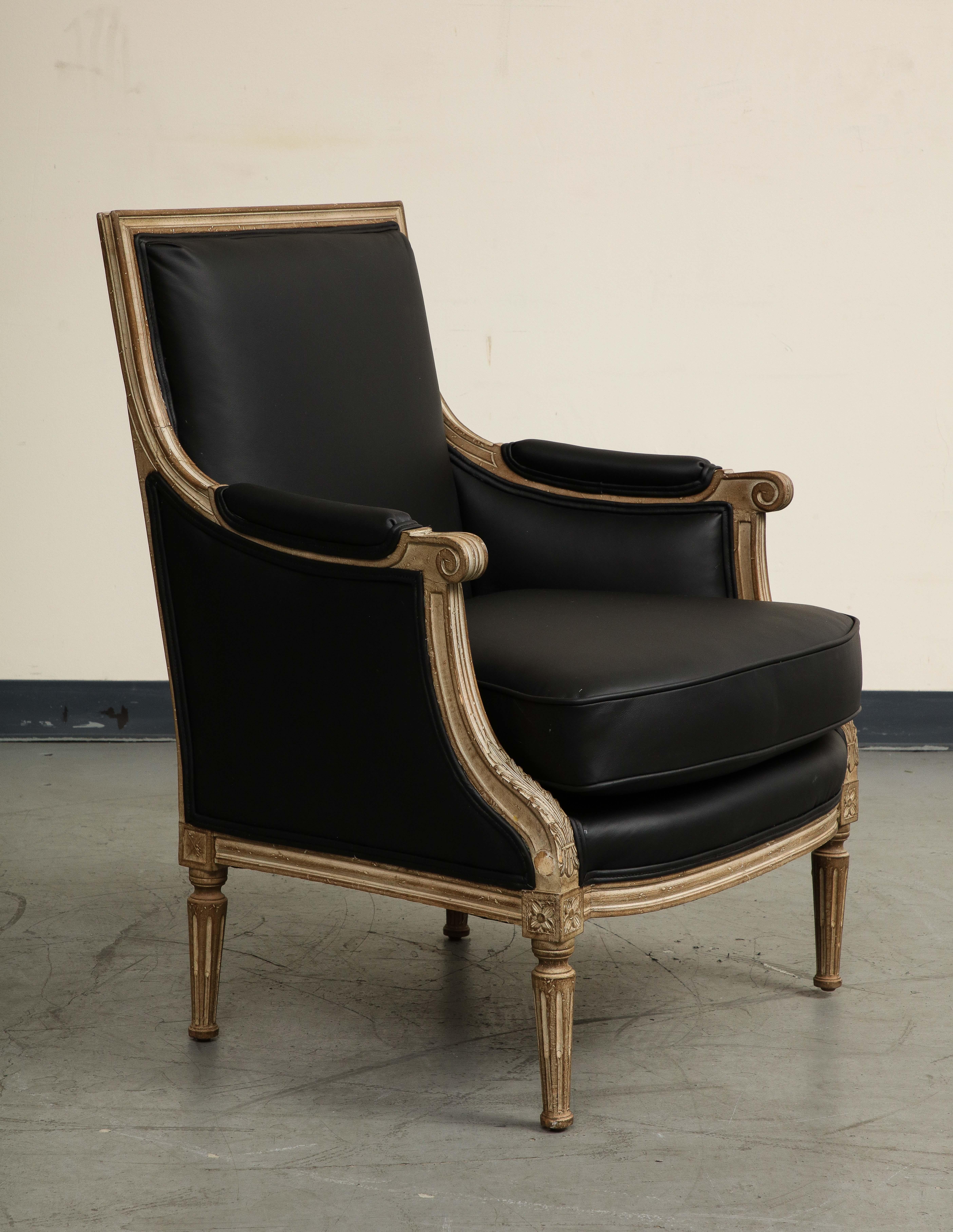 19th Century French Louis XVI Style Black Leather Painted Bergère Armchair 1