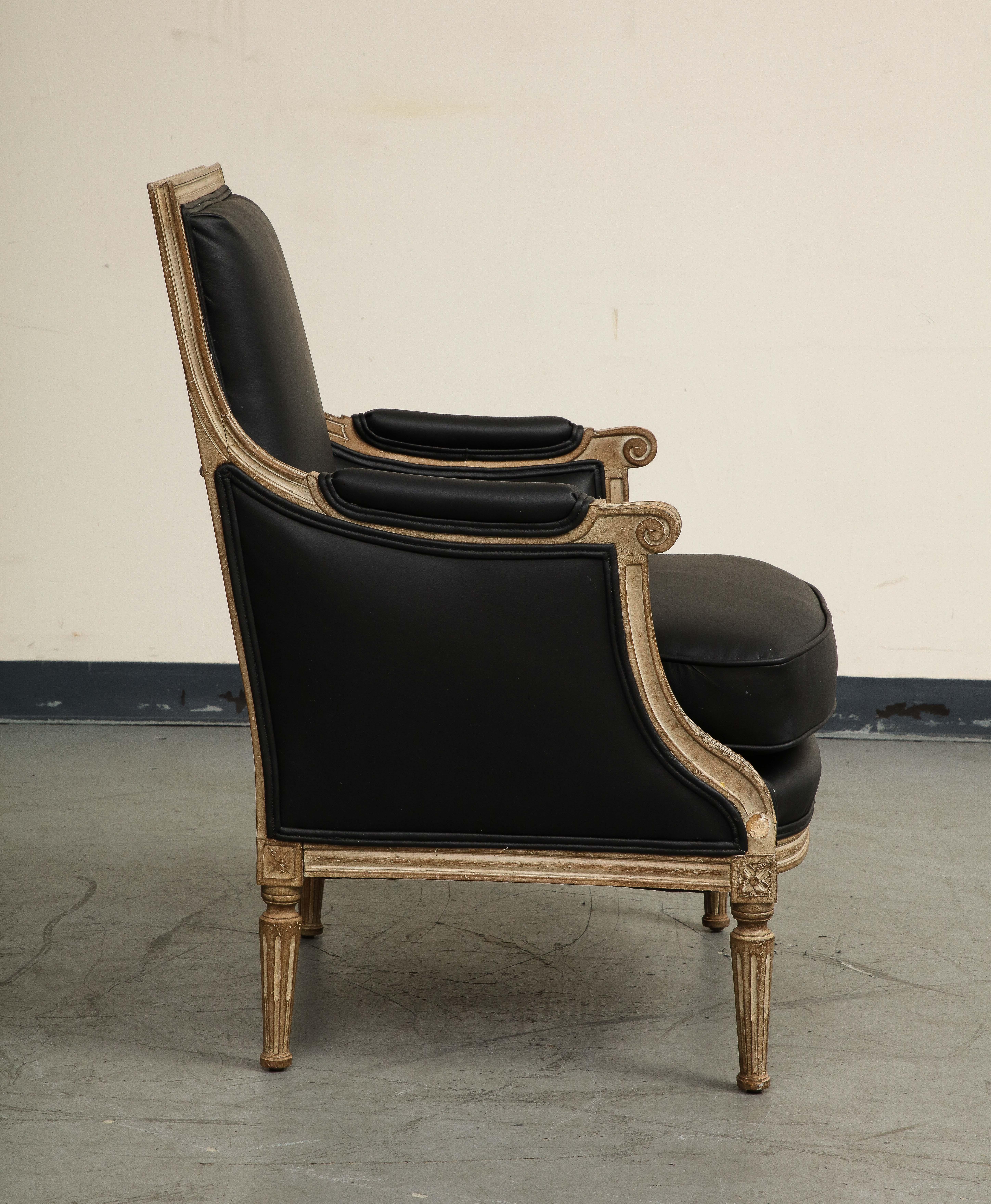 19th Century French Louis XVI Style Black Leather Painted Bergère Armchair 2