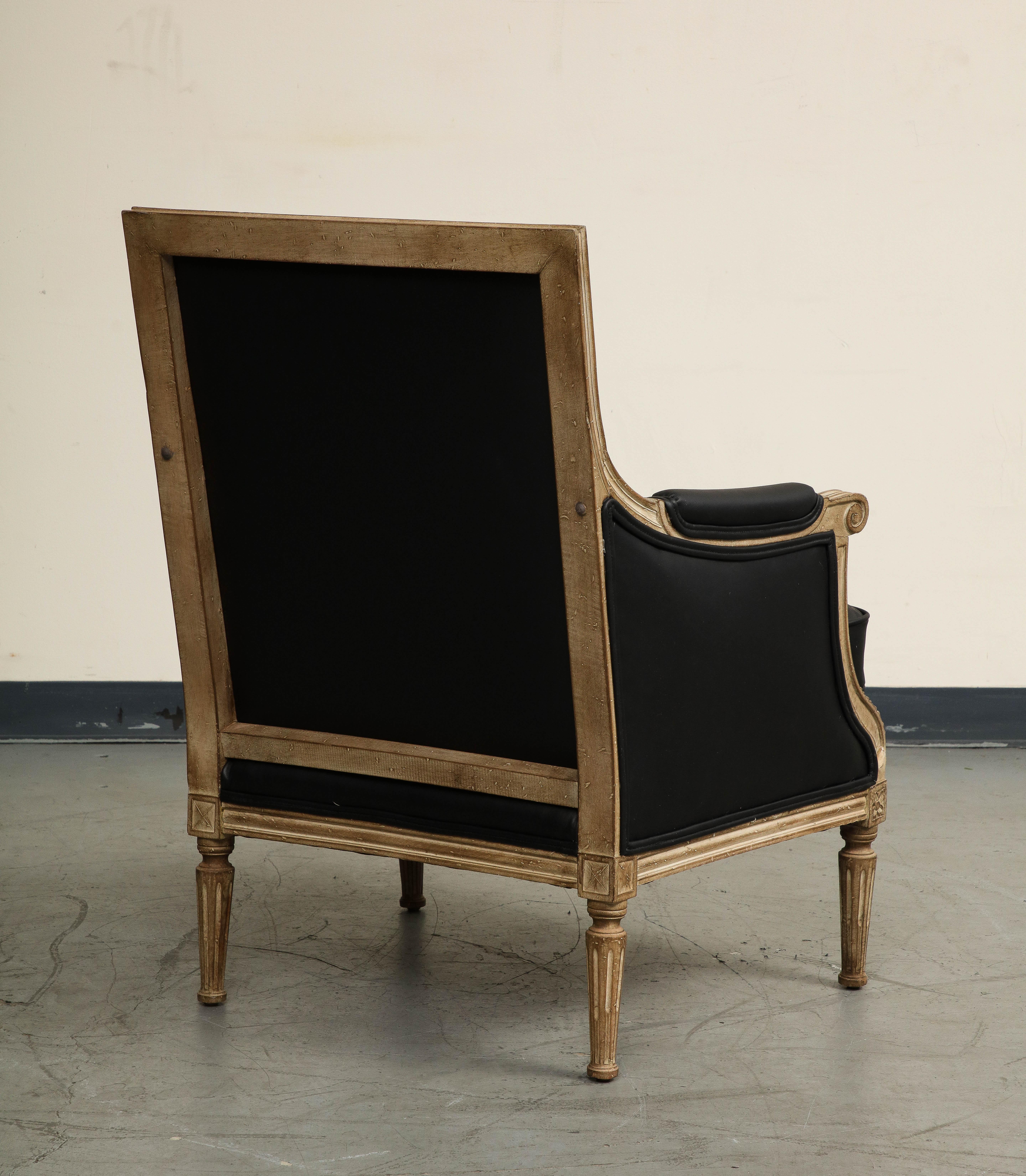 19th Century French Louis XVI Style Black Leather Painted Bergère Armchair 3