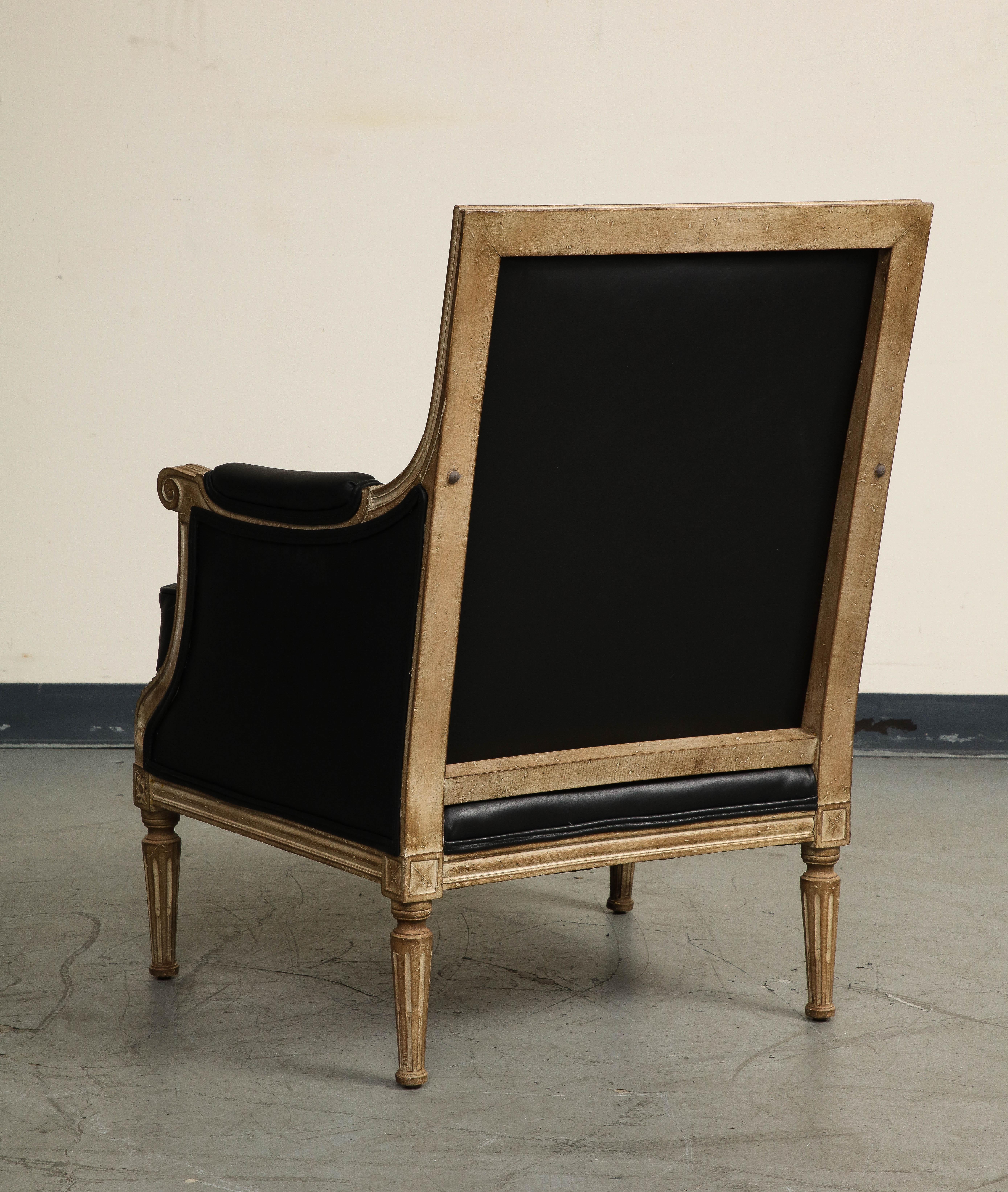 19th Century French Louis XVI Style Black Leather Painted Bergère Armchair 5