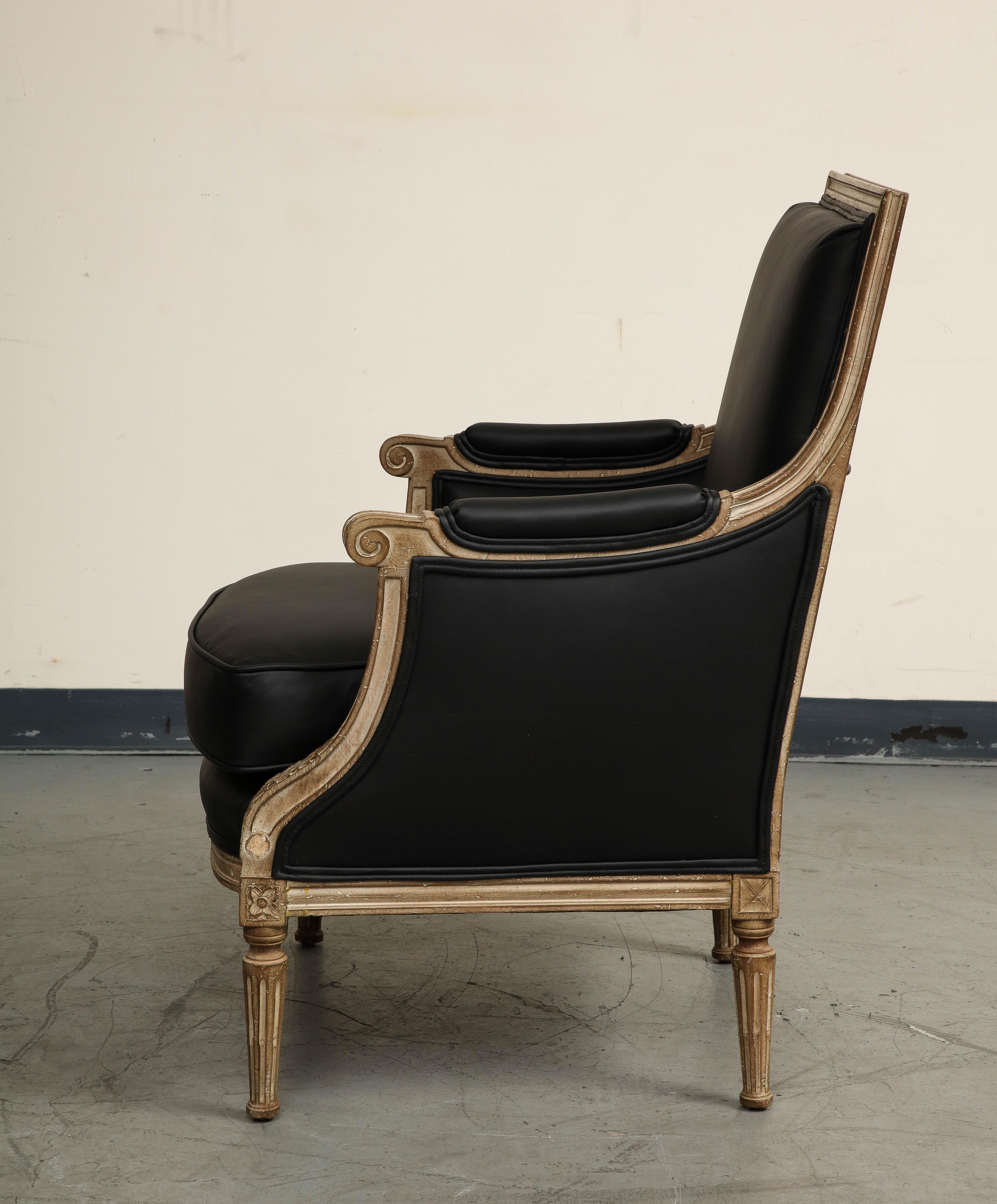 19th Century French Louis XVI Style Black Leather Painted Bergère Armchair 6