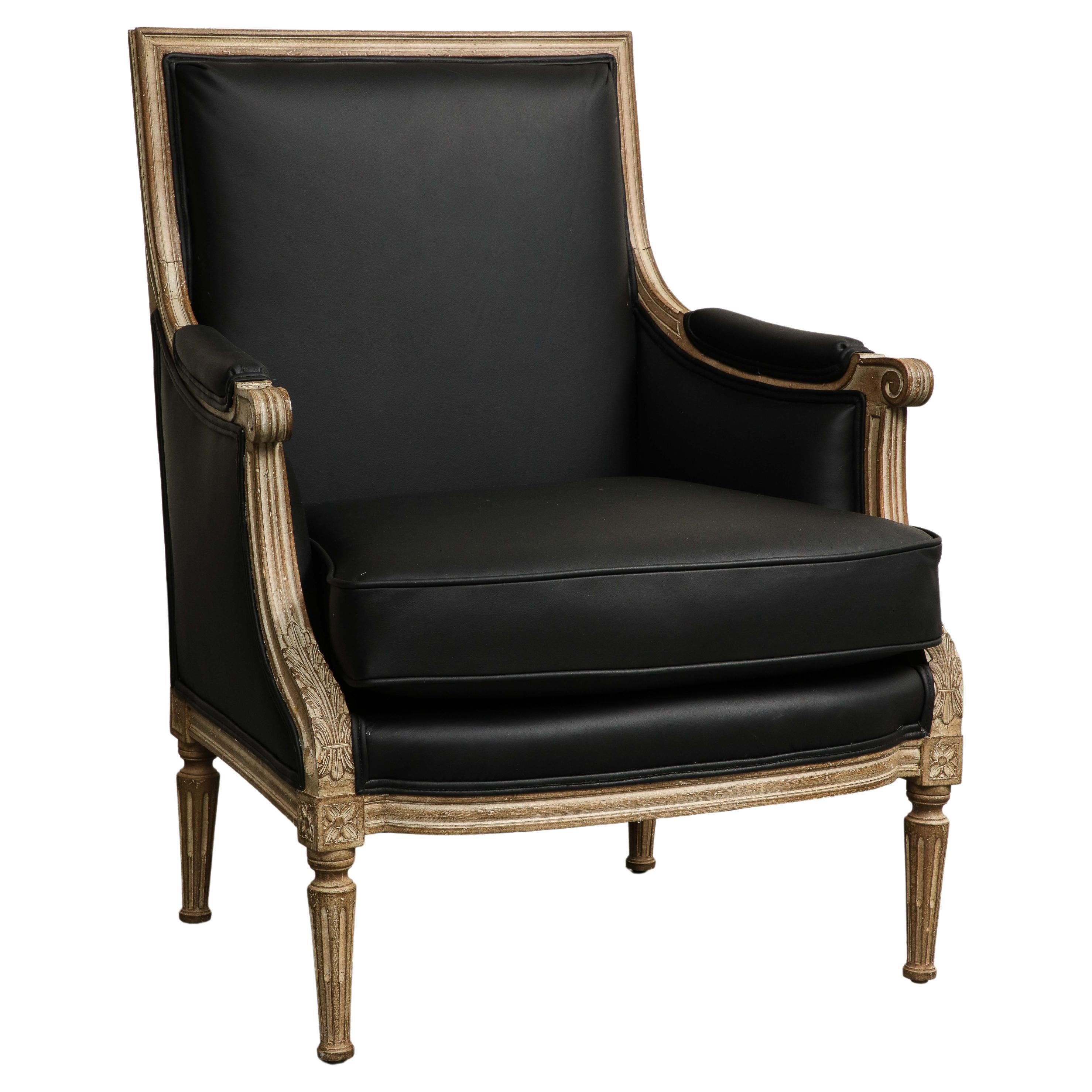 19th Century French Louis XVI Style Black Leather Painted Bergère Armchair