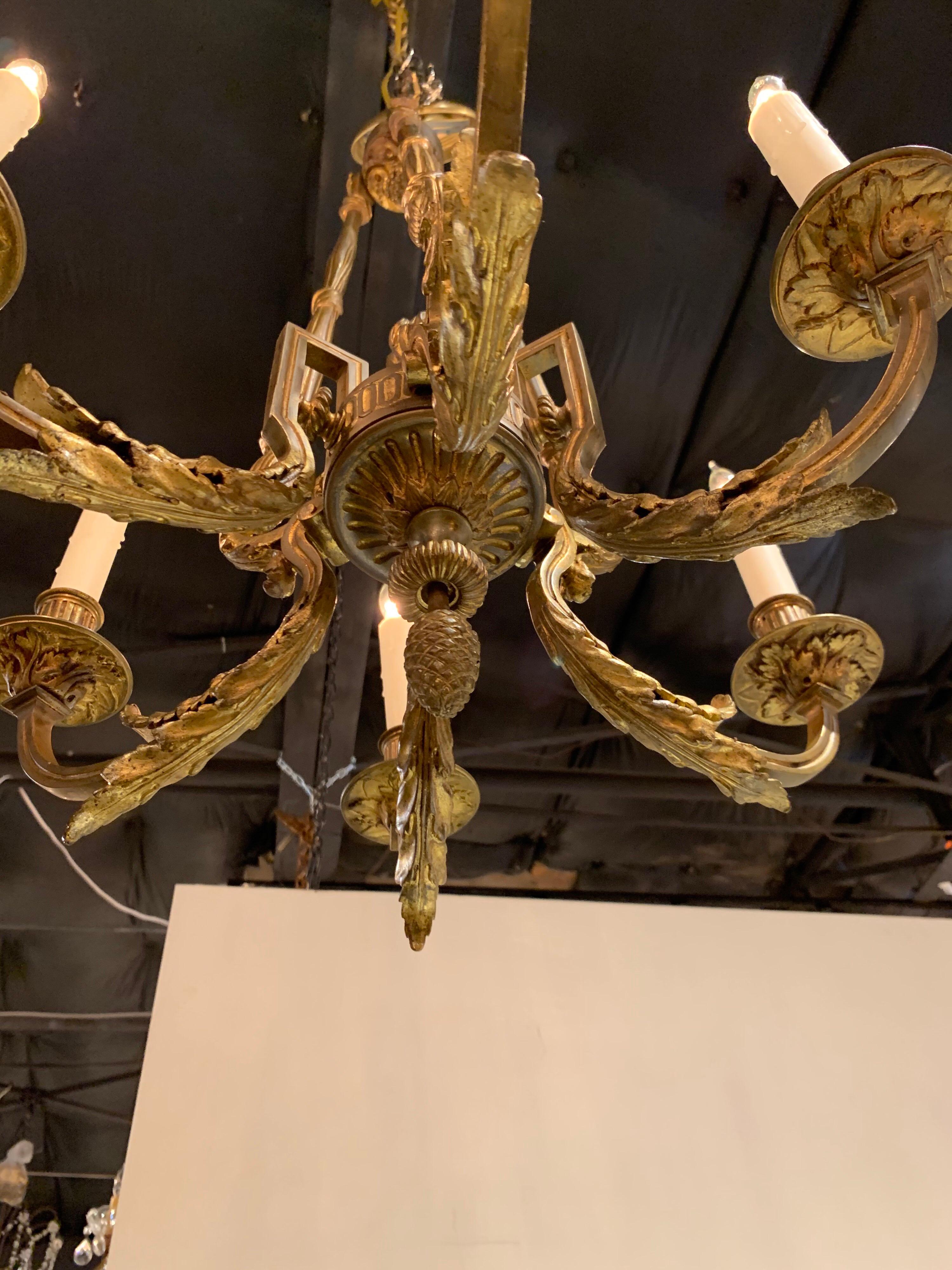 19th Century French Louis XVI Style Bronze 6-Light Chandelier In Good Condition In Dallas, TX