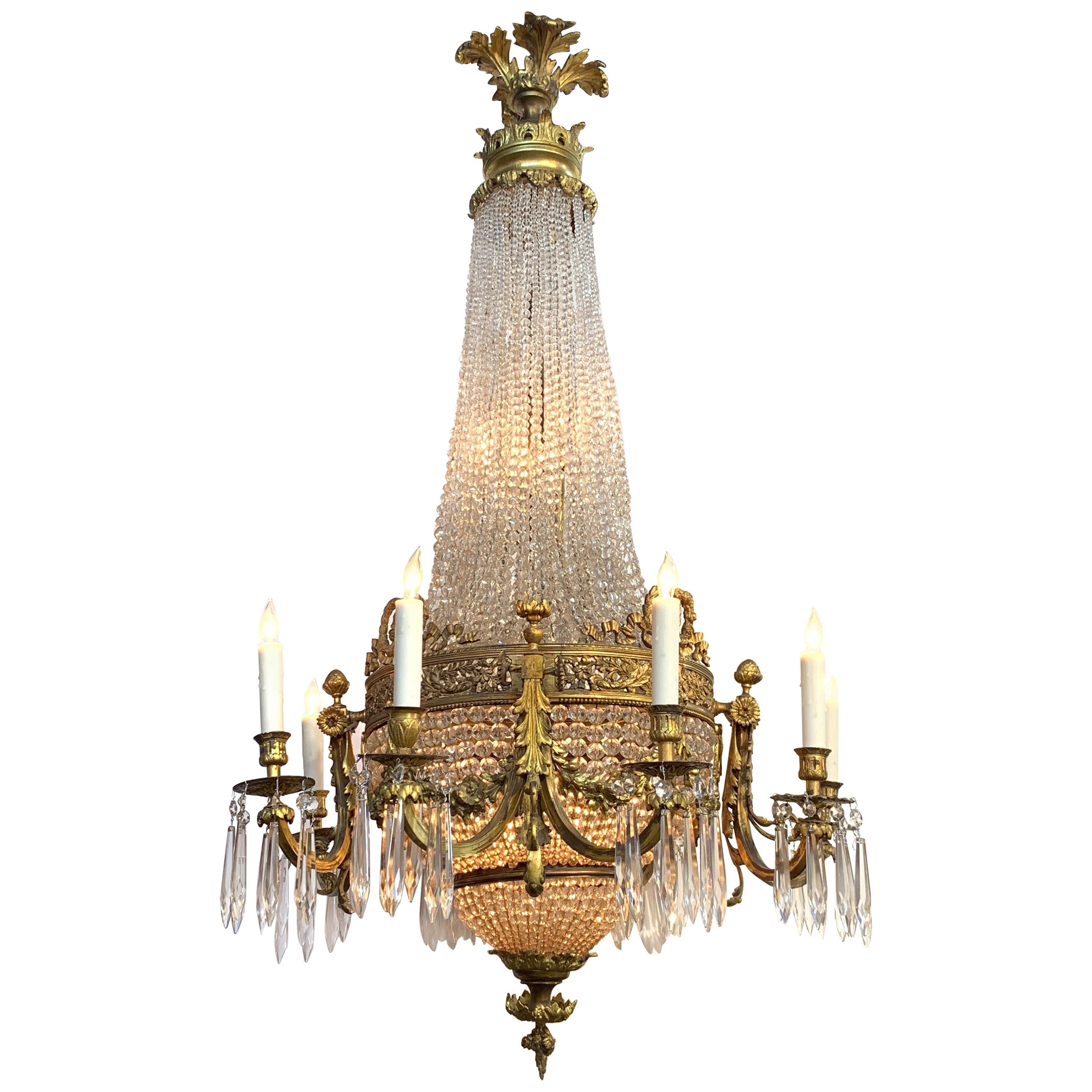 19th Century French Louis XVI Style Bronze and Crystal Chandelier