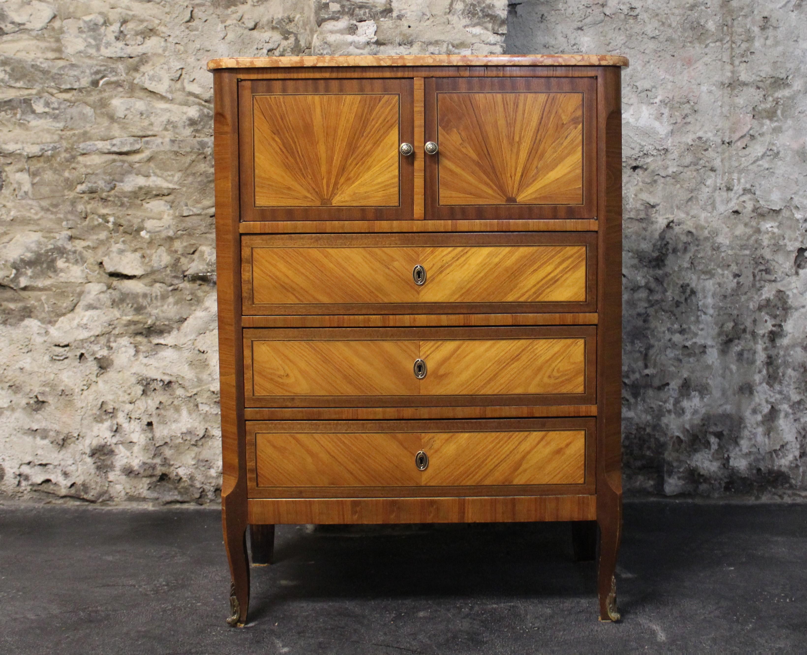 19th century French Louis XVI style cabinet with three-drawer and two-door cabinet with marble top.