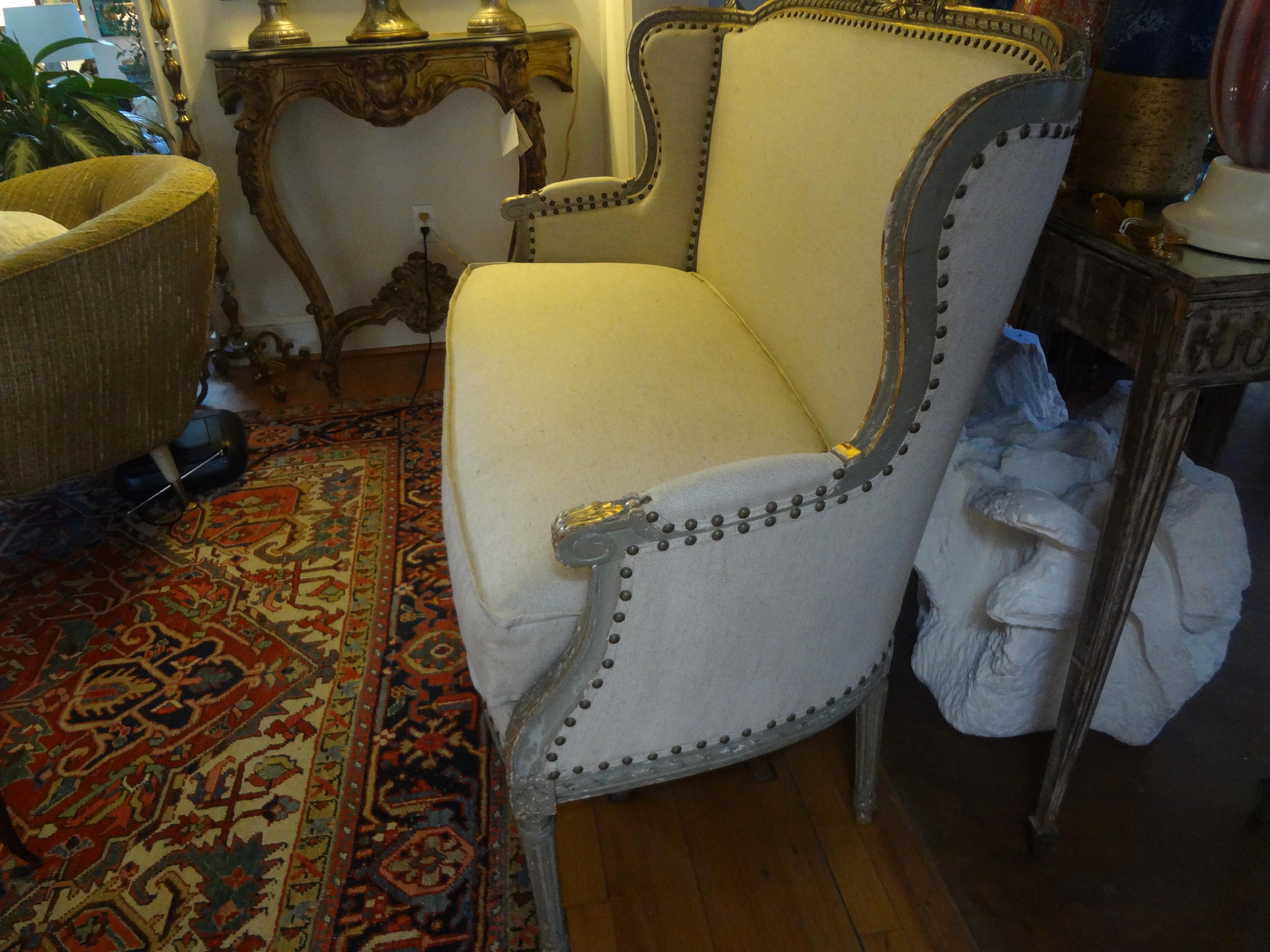 19th Century French Louis XVI Style Loveseat
Lovely antique French Louis XVI style painted and giltwood loveseat or canape. This stunning sofa is a beautiful gray color with gilt trim. This 19th century French Louis XVI style painted and gilt wood