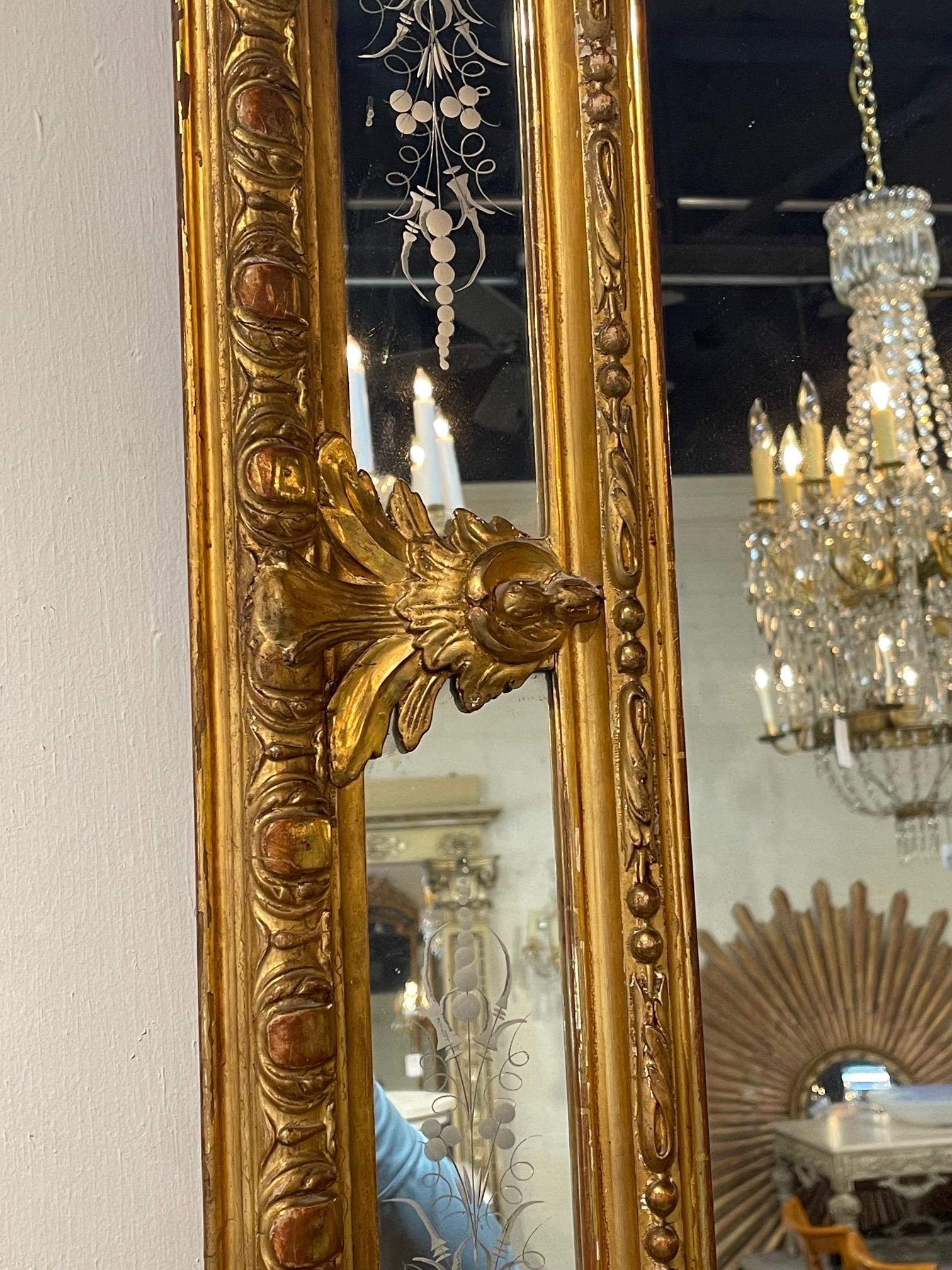 19th Century French Louis XVI Style Carved and Giltwood Etched Mirror For Sale 2