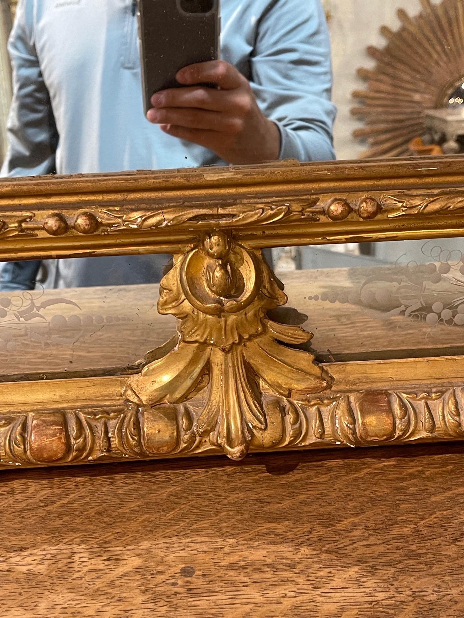 19th Century French Louis XVI Style Carved and Giltwood Etched Mirror For Sale 4