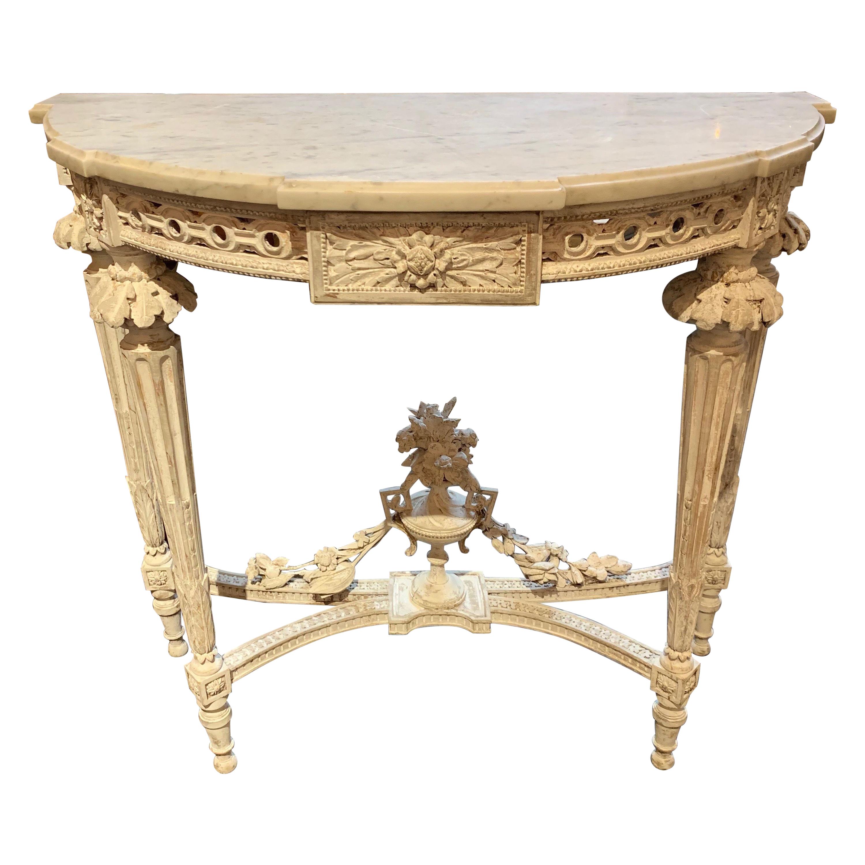 19th Century French Louis XVI Style Carved and Painted Demi-Lune-Console