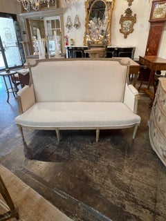 19th Century French Louis XVI Style Carved and Painted High Back Settee