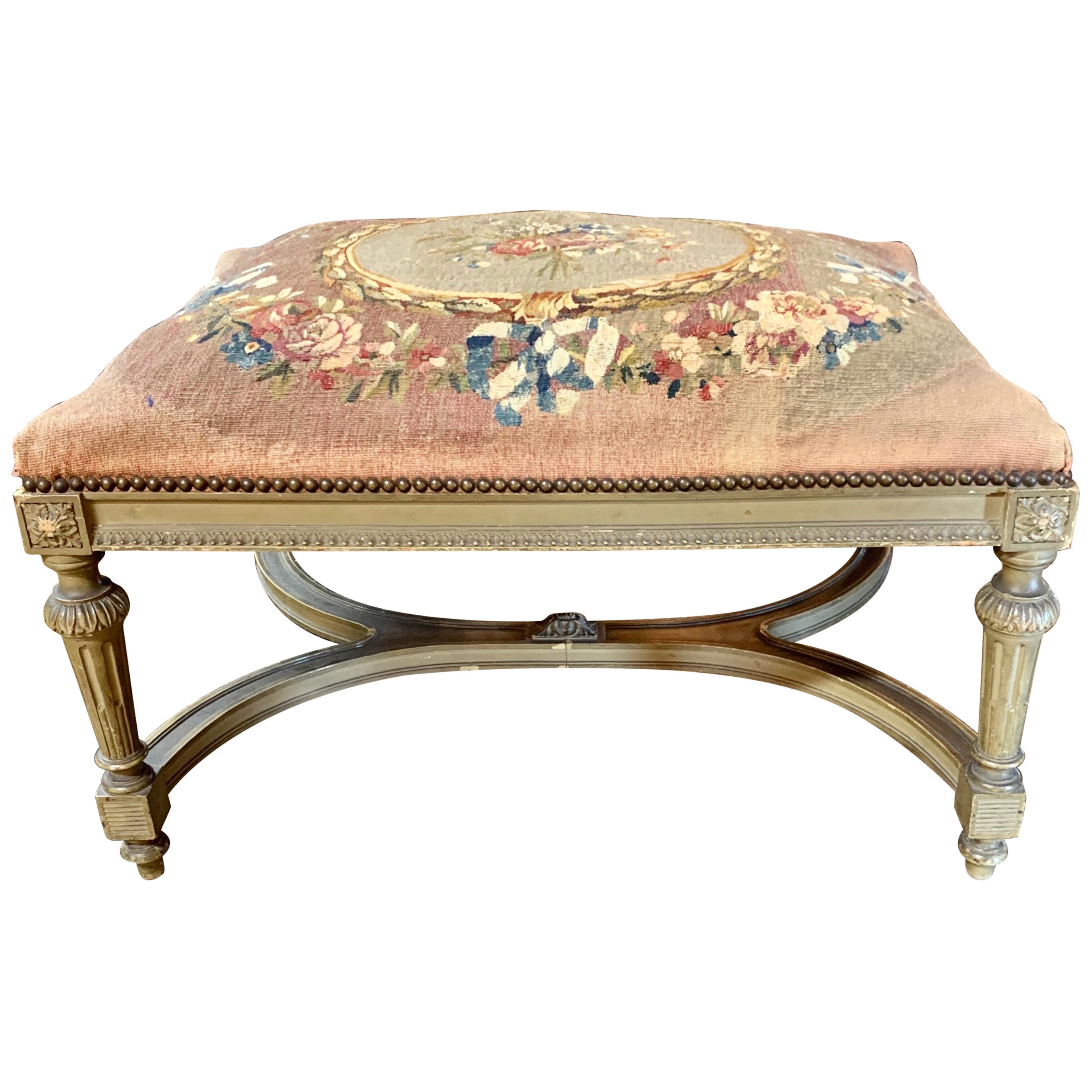 19th Century French Louis XVI Style Carved and Painted Ottoman