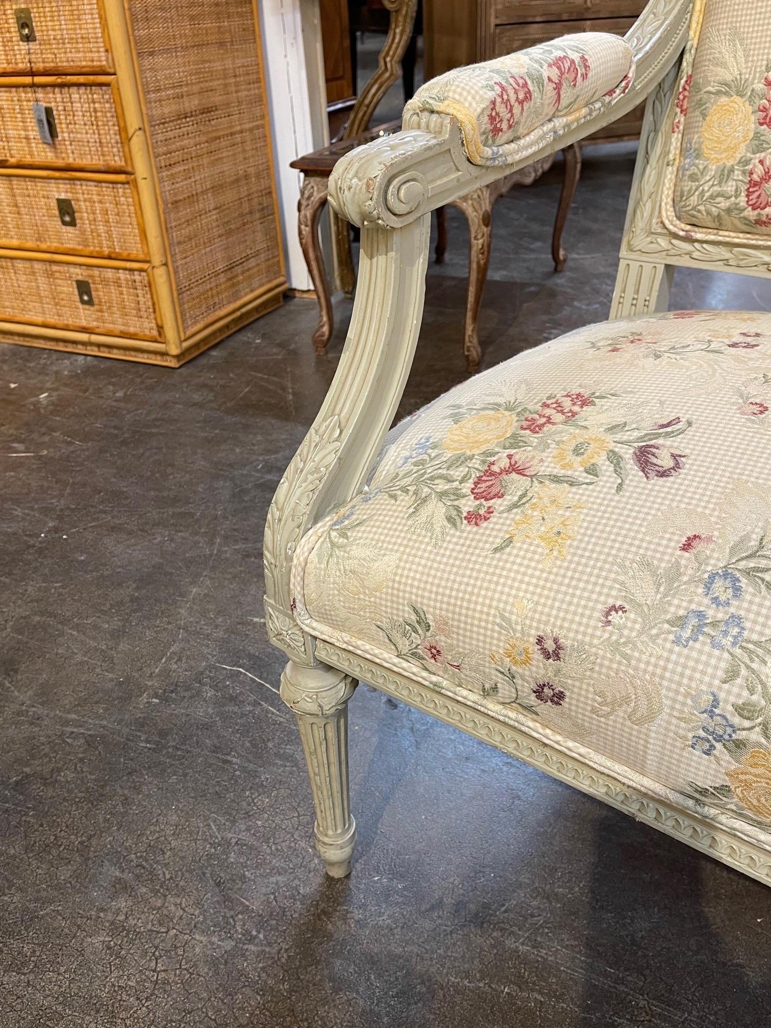 19th Century French Louis XVI Style Carved and Painted Settees In Good Condition In Dallas, TX