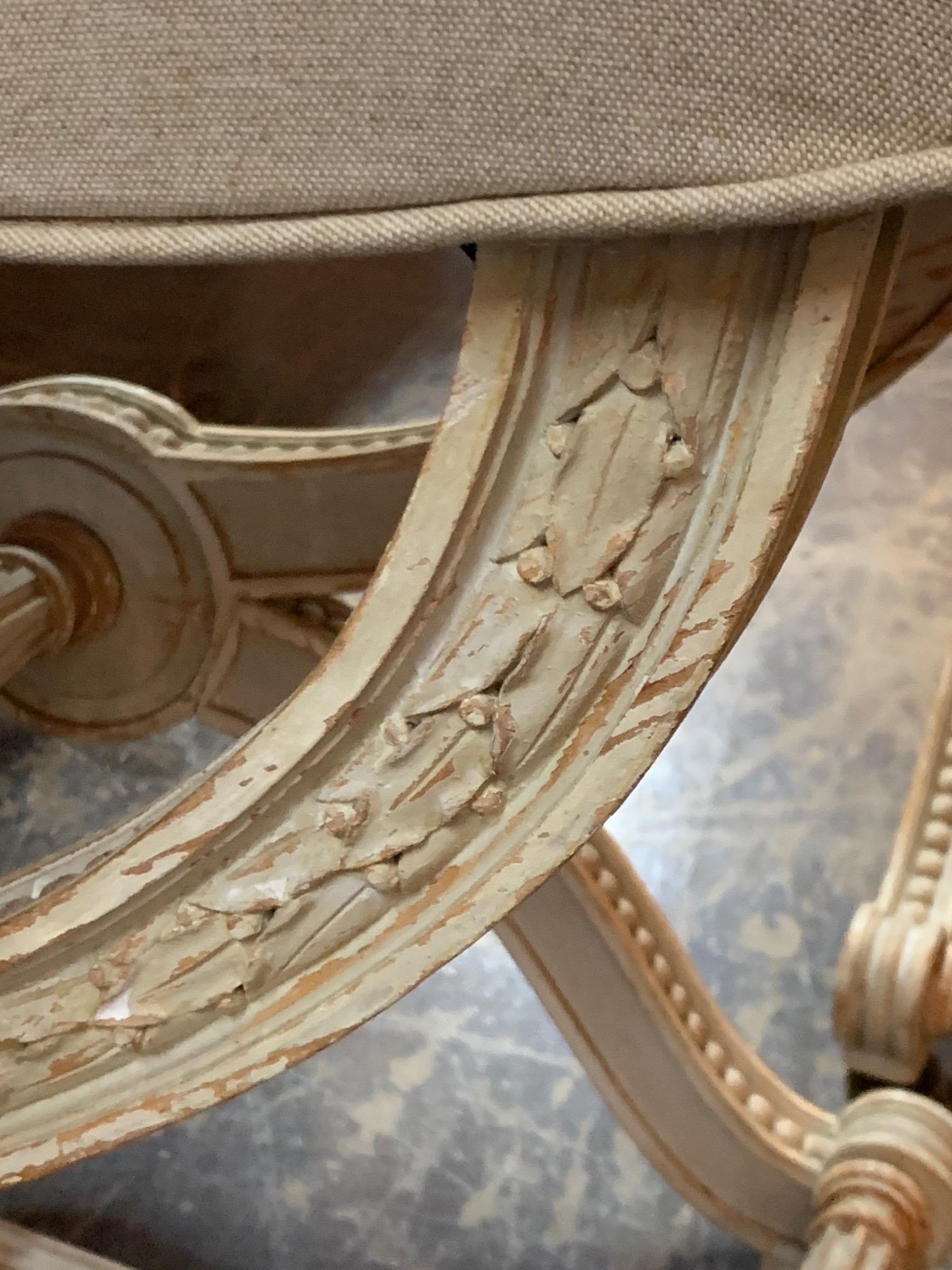 19th Century French Louis XVI Style Carved and Painted X Form Benches 3