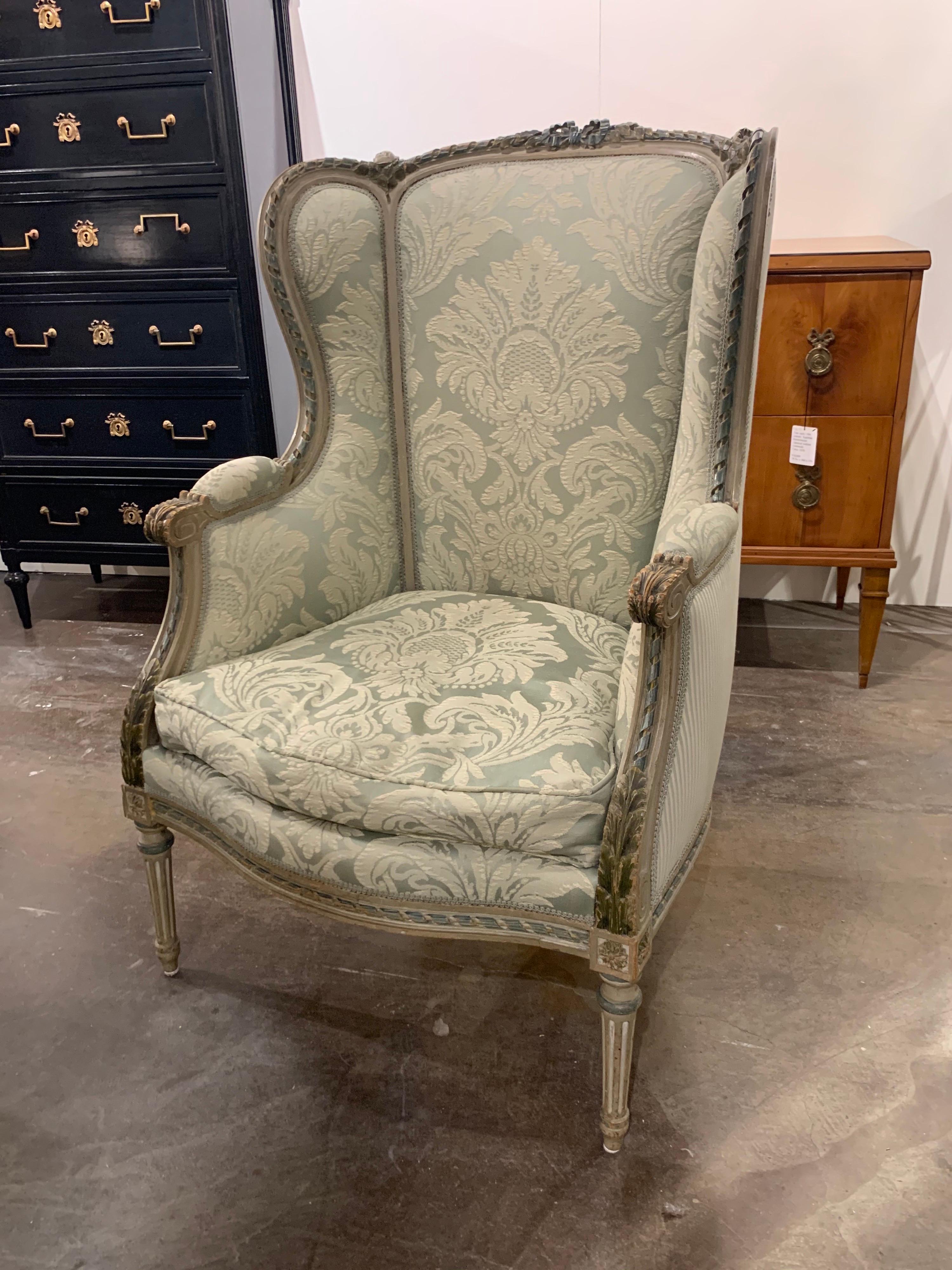 19th Century French Louis XVI Style Carved Bergère In Good Condition In Dallas, TX