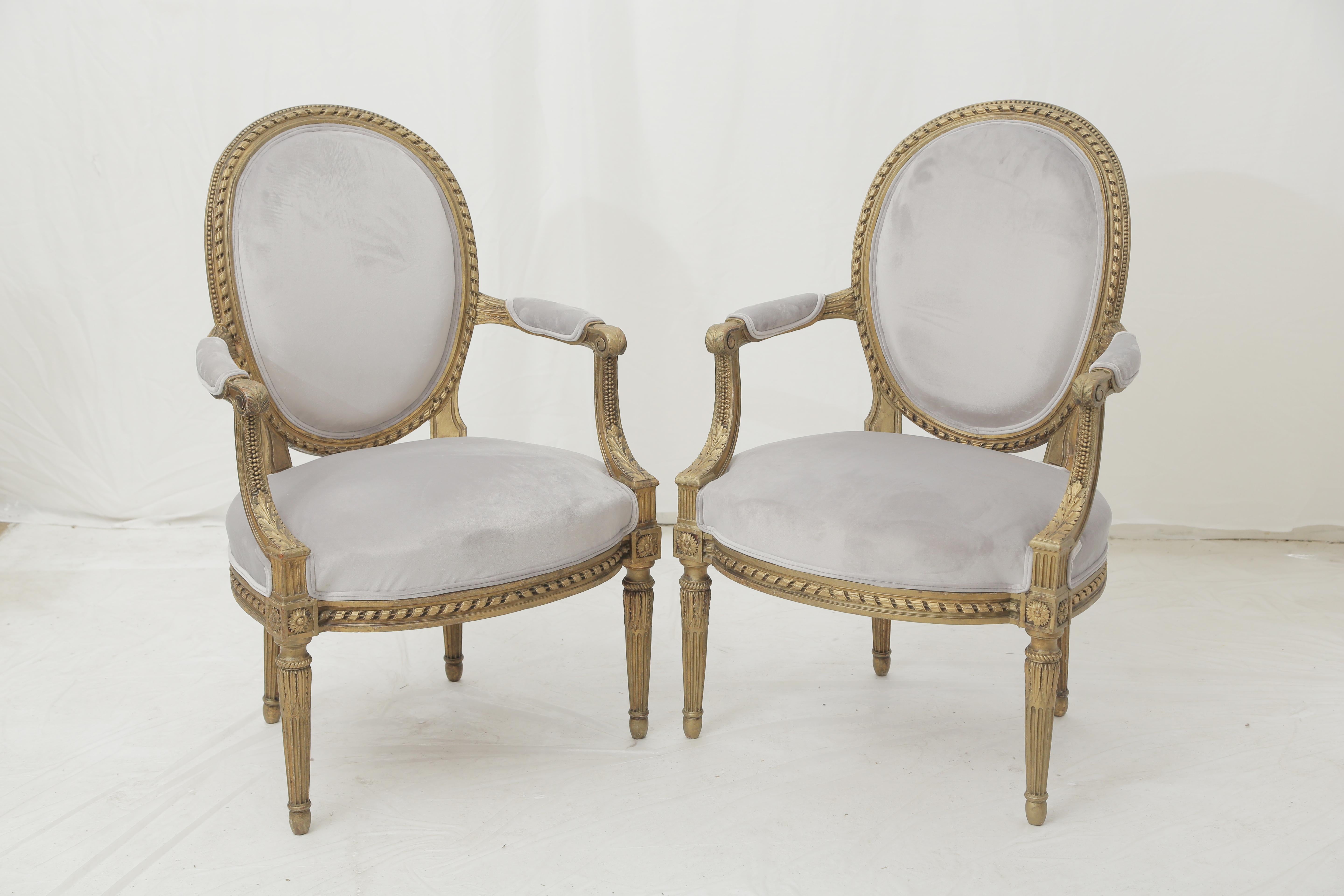 19th Century French Louis XVI Style Carved Giltwood & Pale Grey Suede Armchairs 8