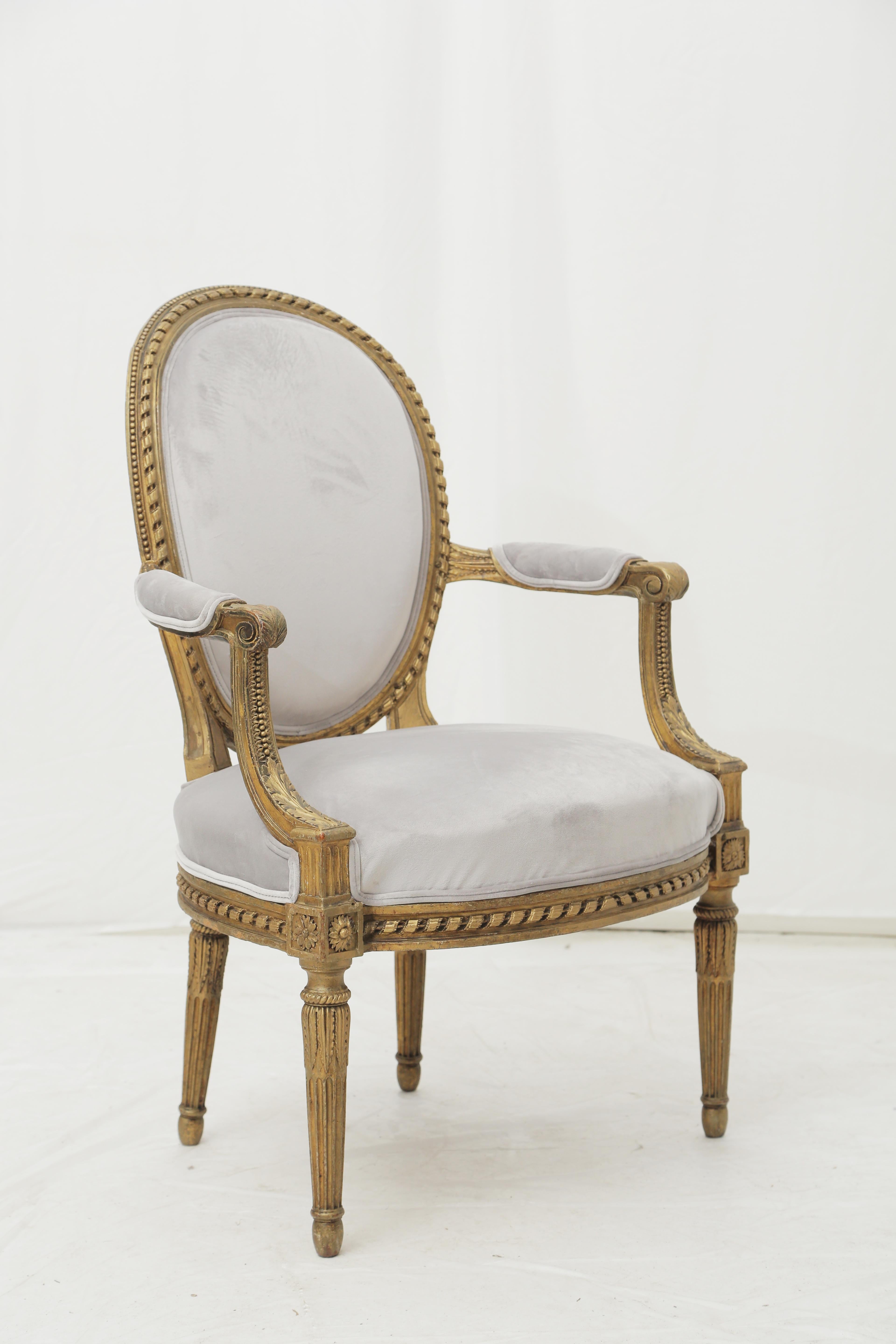 19th Century French Louis XVI Style Carved Giltwood & Pale Grey Suede Armchairs In Good Condition In Miami, FL