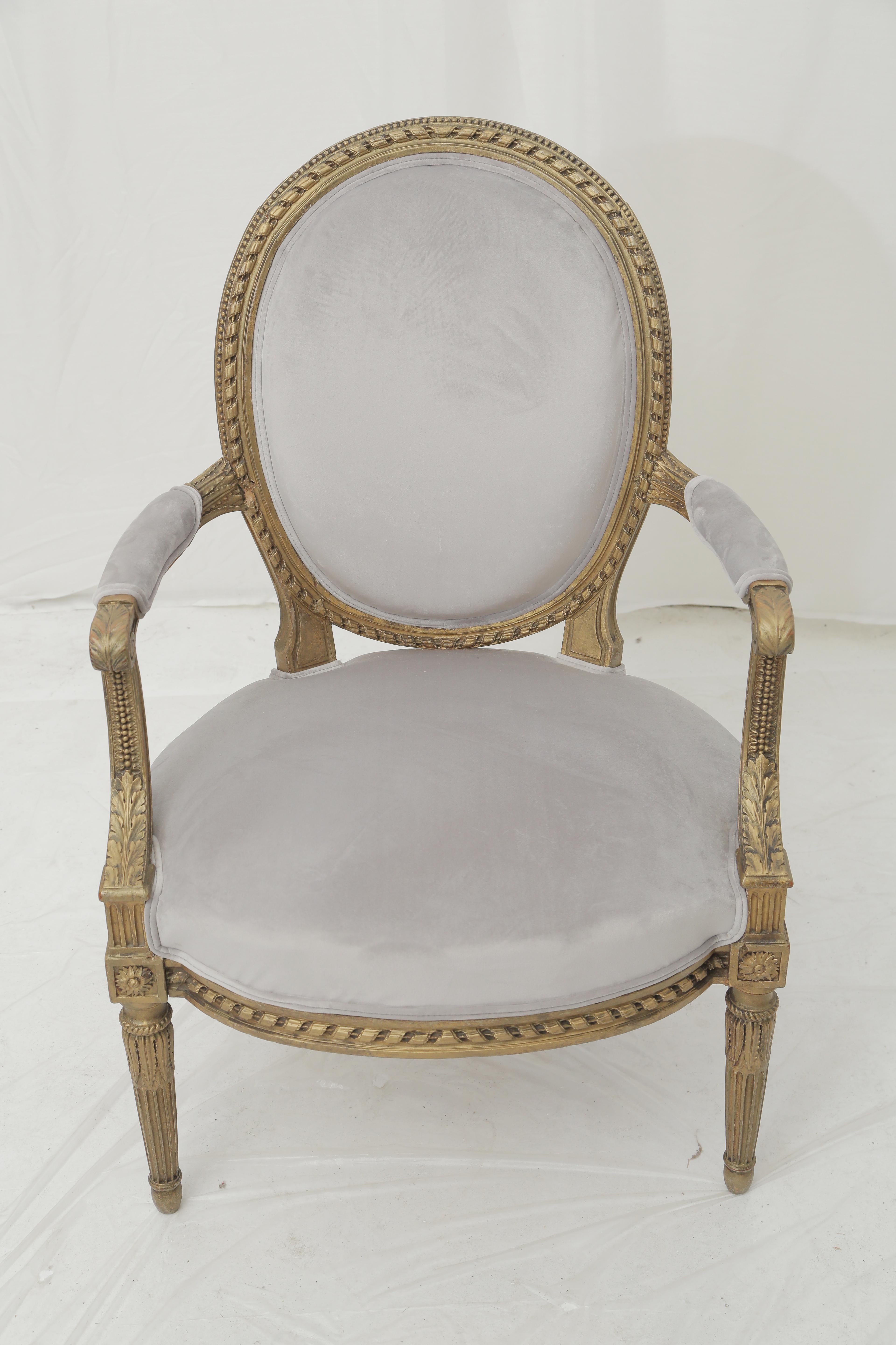 19th Century French Louis XVI Style Carved Giltwood & Pale Grey Suede Armchairs 5