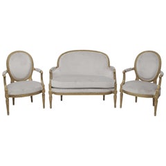 19th Century French Louis XVI Style Carved Giltwood and Pale Grey Seating Suite