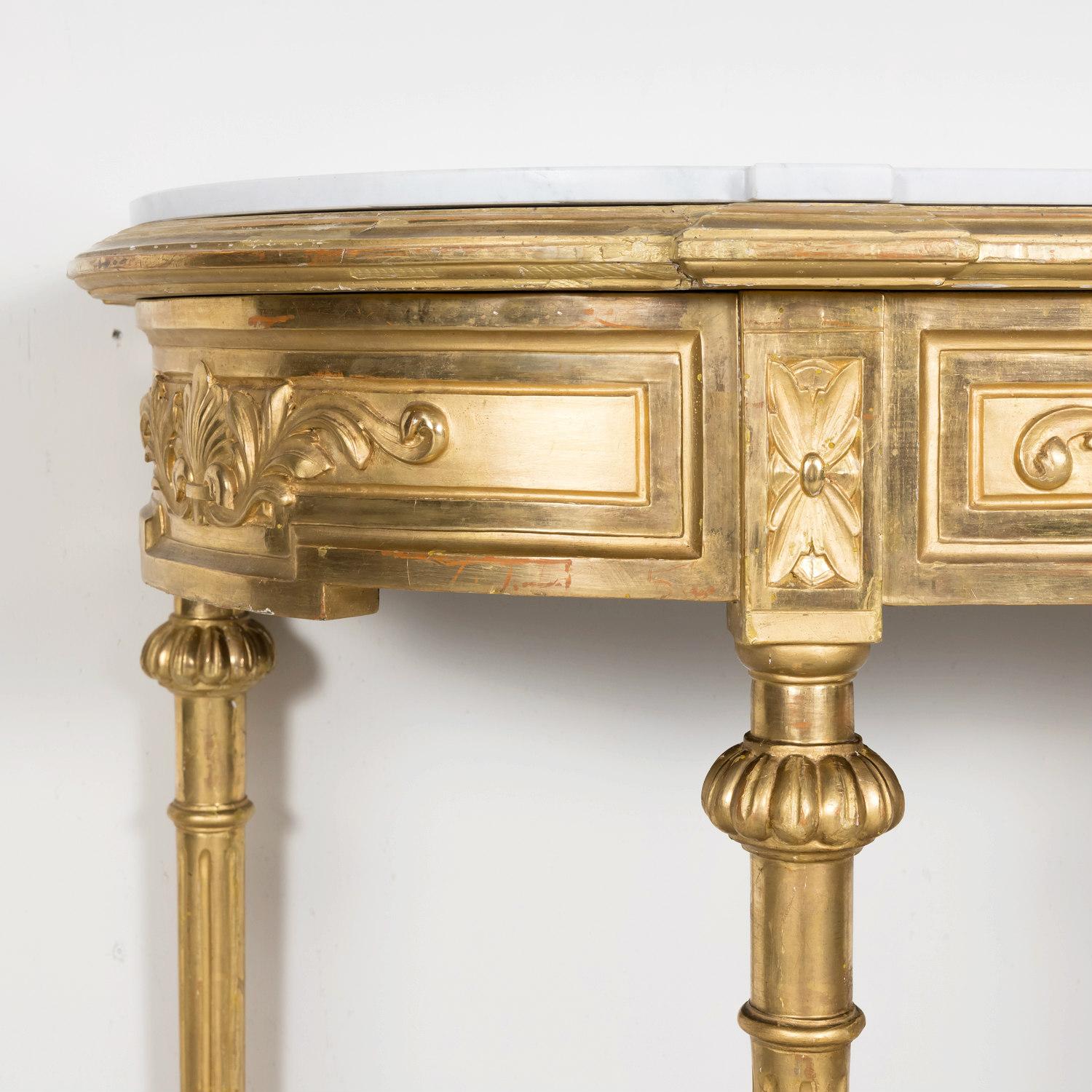 Carrara Marble 19th Century French Louis XVI Style Carved Giltwood Wall Console with Marble Top