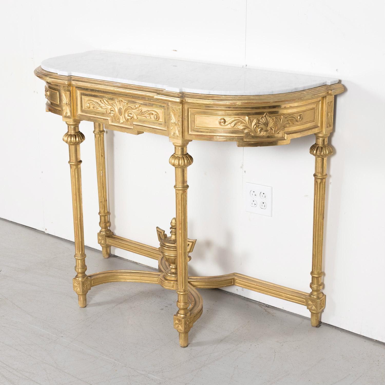 19th Century French Louis XVI Style Carved Giltwood Wall Console with Marble Top 2