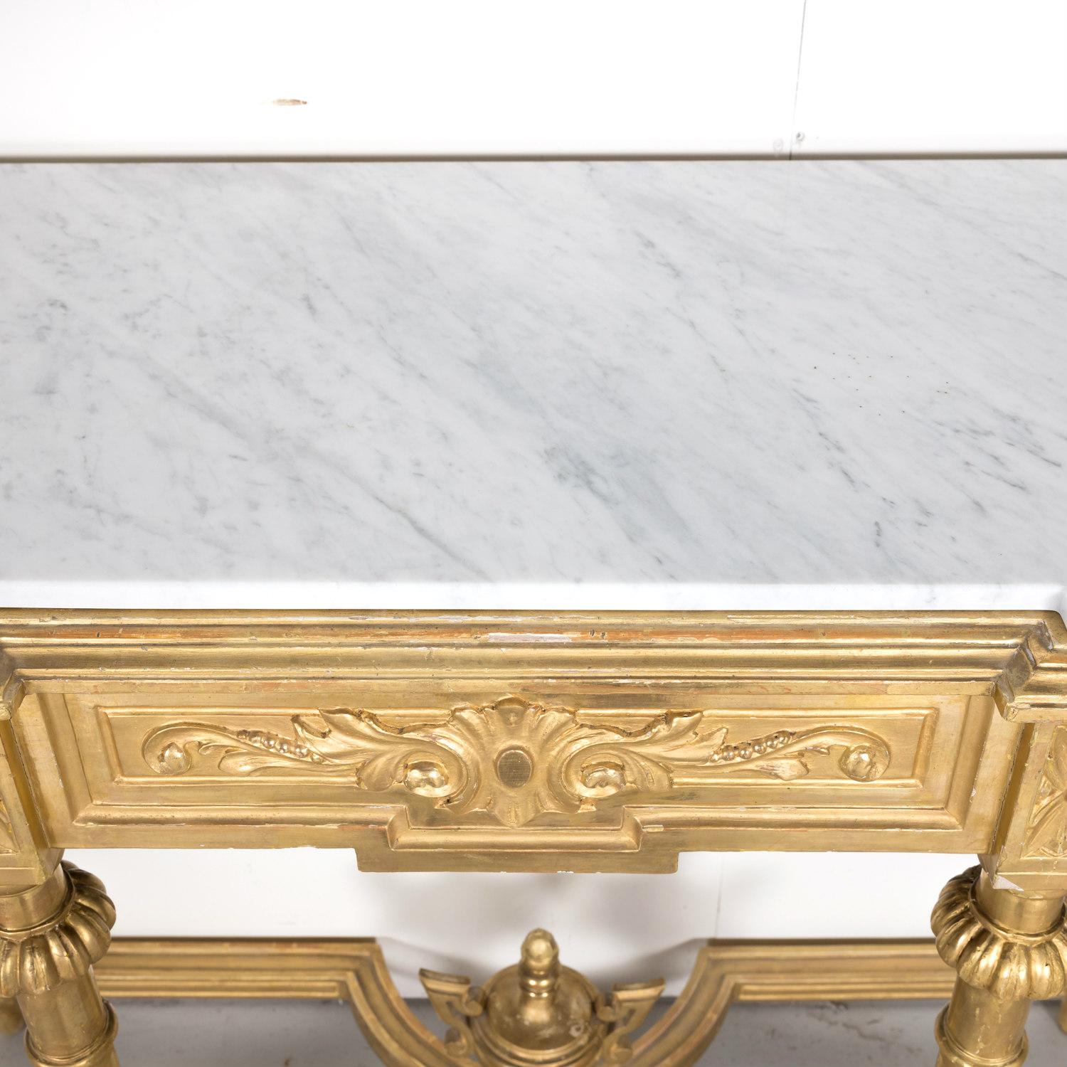 19th Century French Louis XVI Style Carved Giltwood Wall Console with Marble Top 4