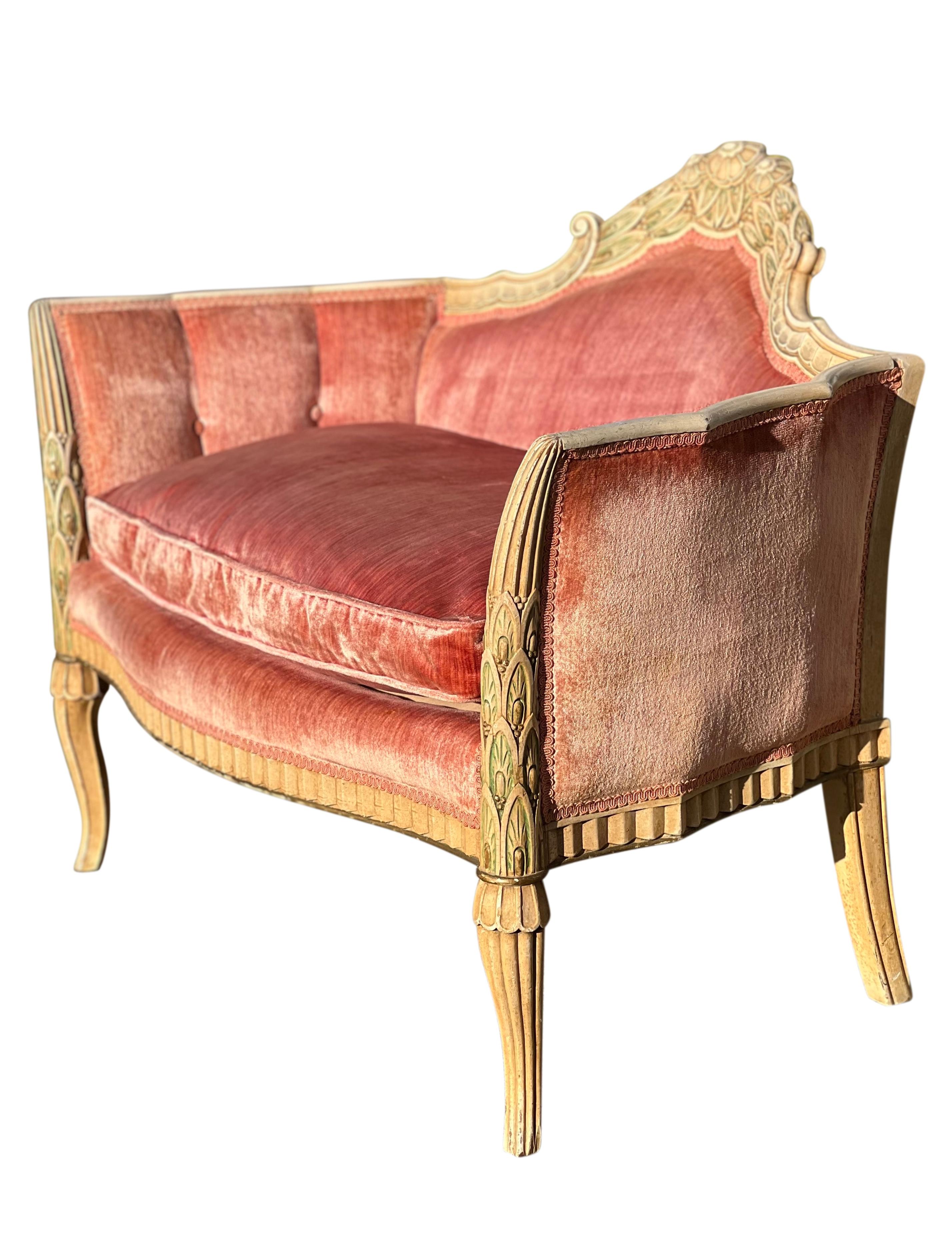 19th Century French Louis XVI Style Carved Velvet Settee In Good Condition For Sale In Doylestown, PA