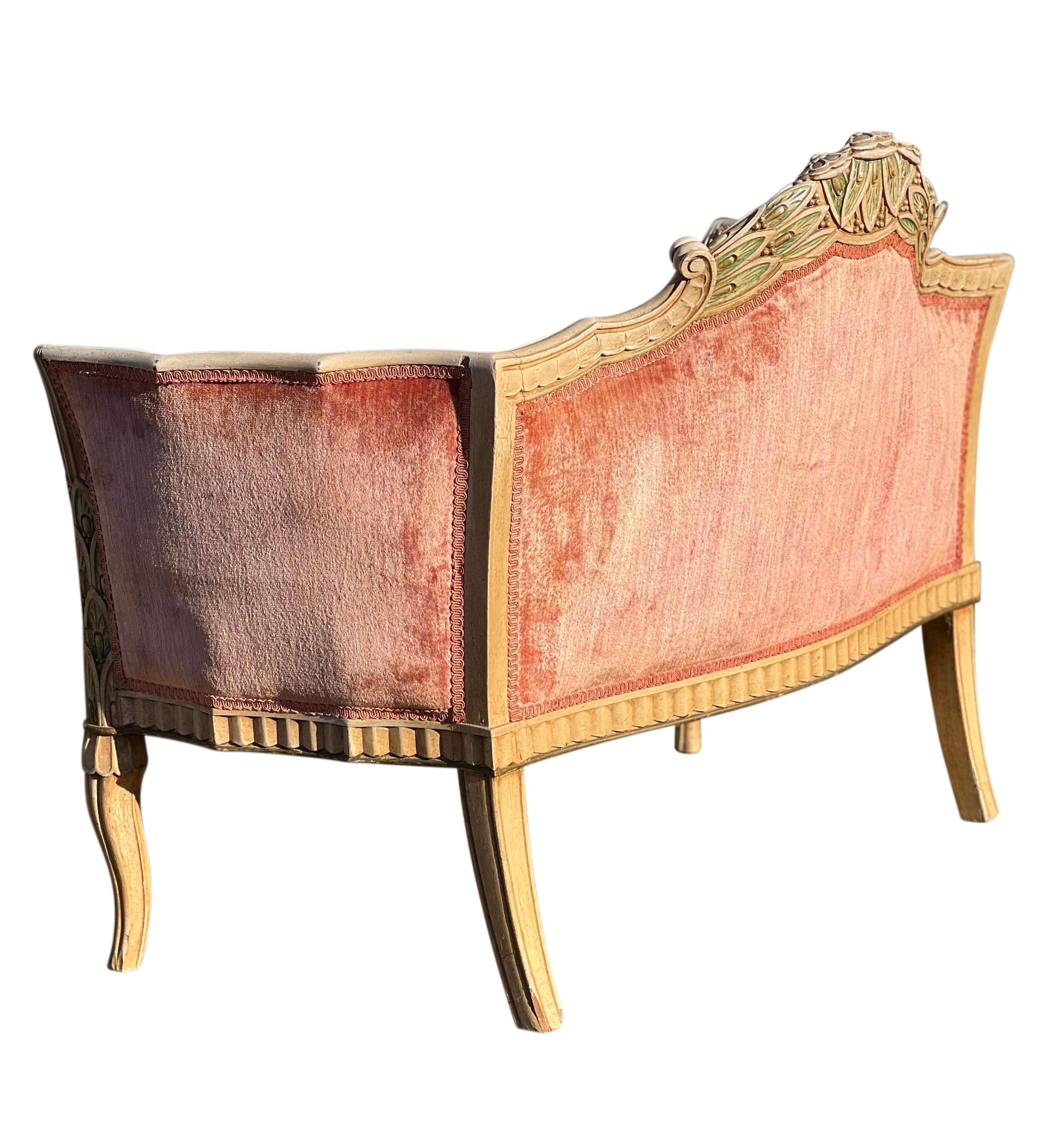 19th Century French Louis XVI Style Carved Velvet Settee For Sale 1