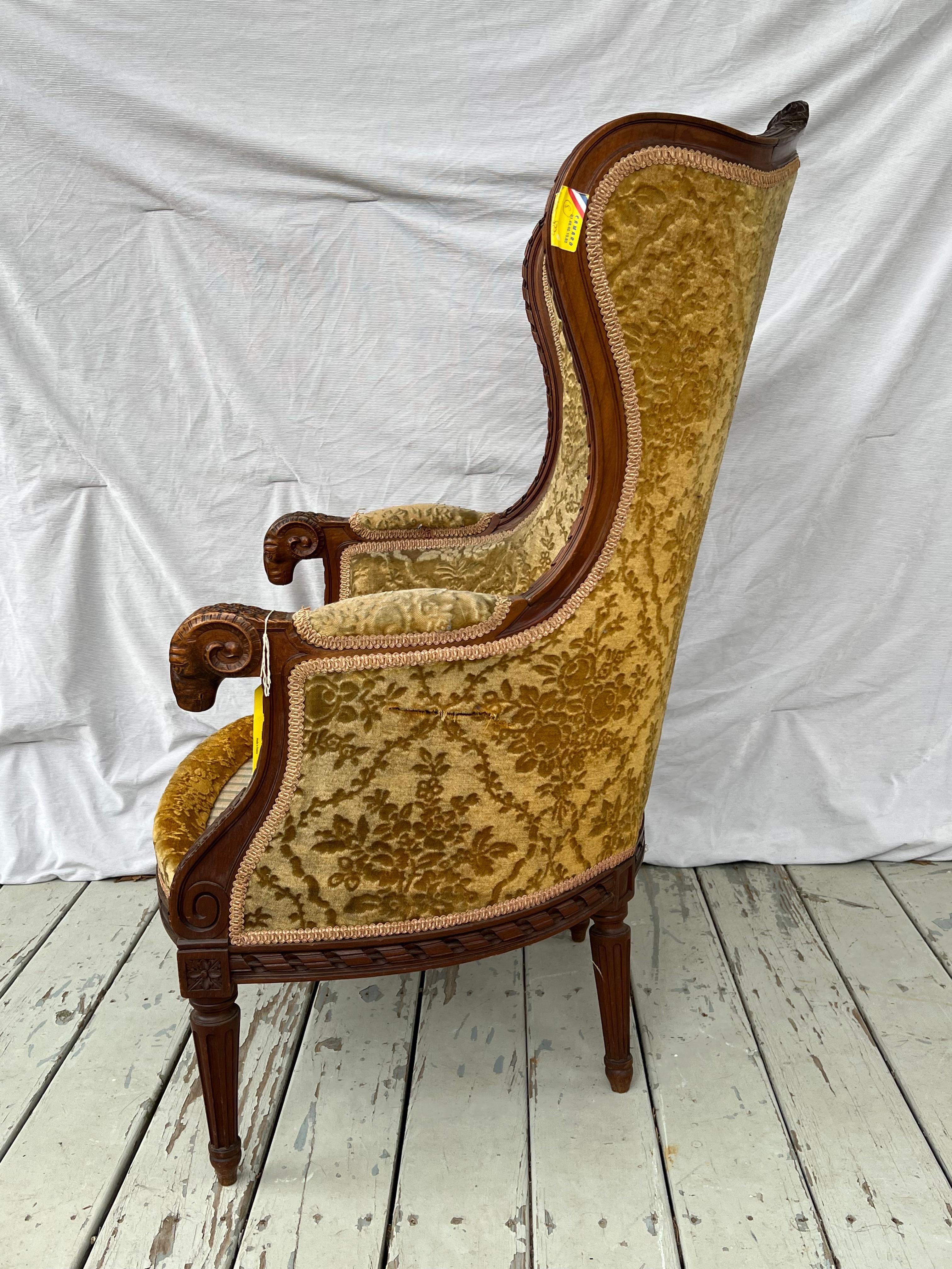 19th Century 19Th Century French Louis XVI Style Carved Walnut Bergere Chair For Sale