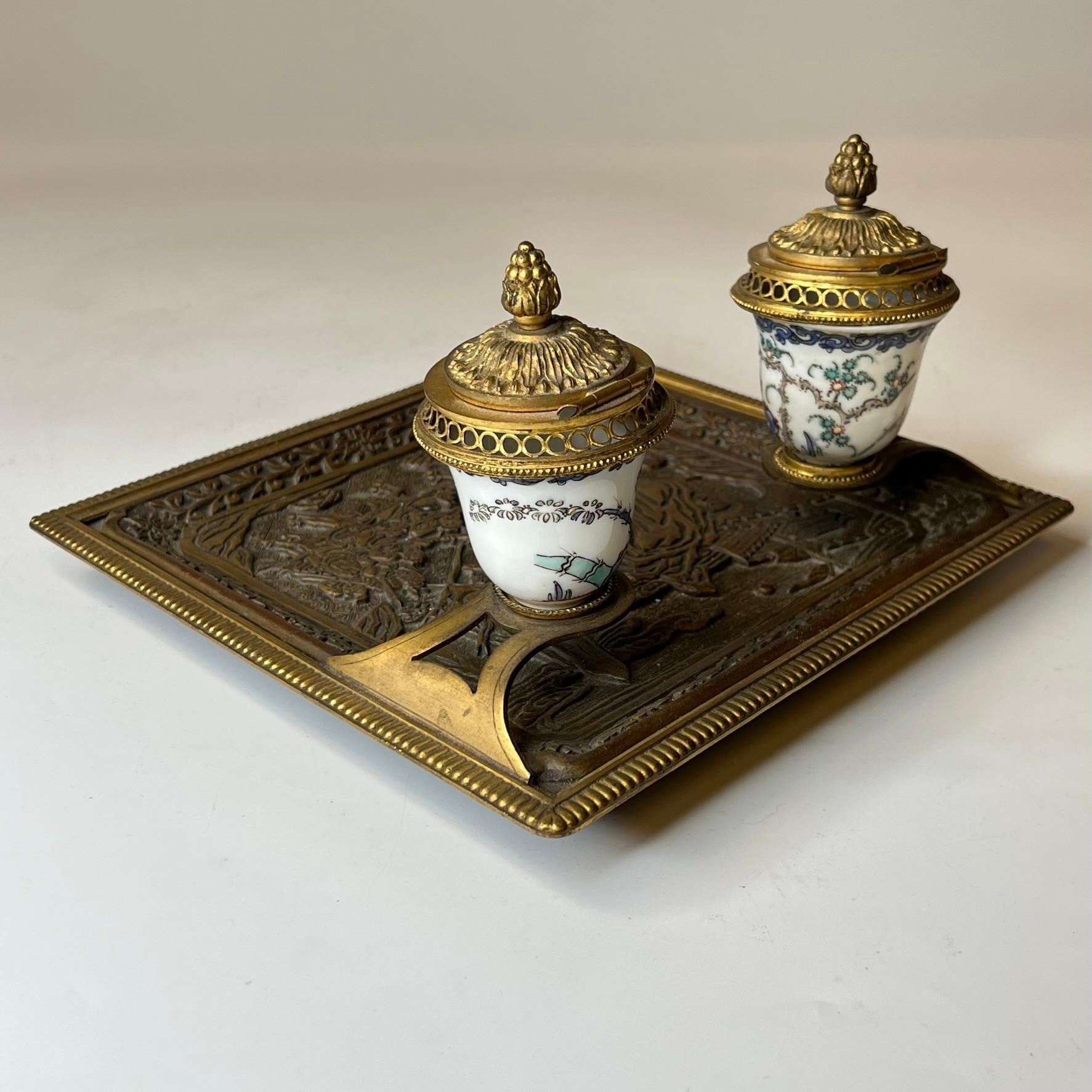 19th Century French Louis XVI style  Chinoiserie Bronze and Porcelain Inkwell 8