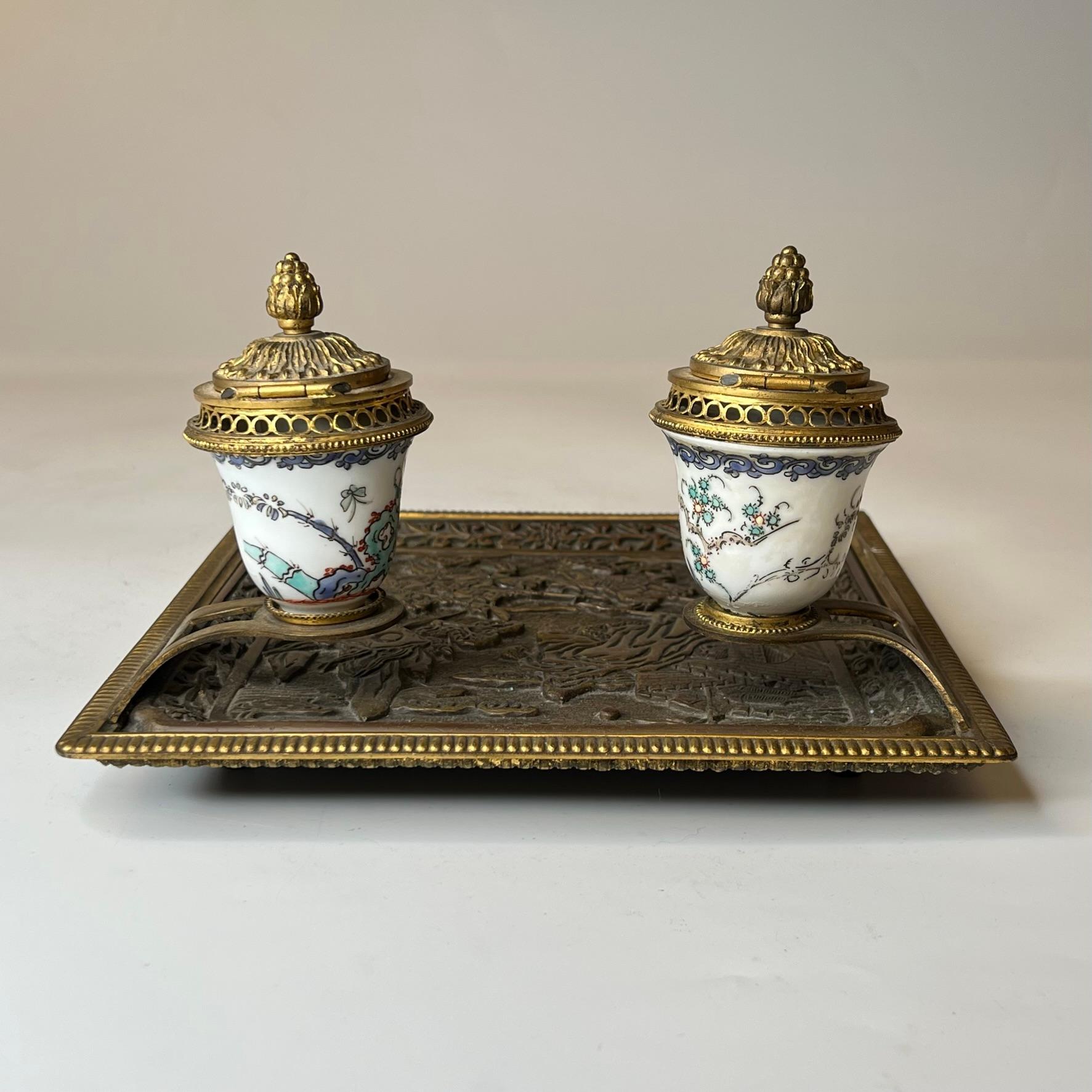 19th Century French Louis XVI style  Chinoiserie Bronze and Porcelain Inkwell 9