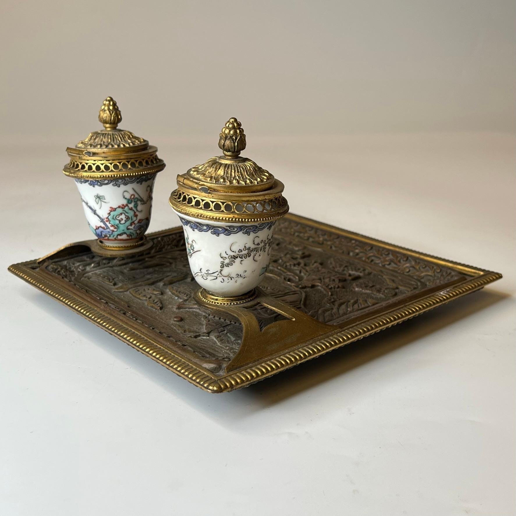 19th Century French Louis XVI style  Chinoiserie Bronze and Porcelain Inkwell 10
