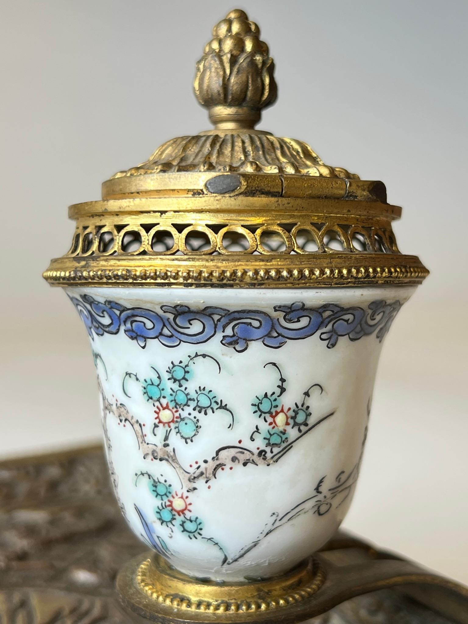 19th Century French Louis XVI style  Chinoiserie Bronze and Porcelain Inkwell 12
