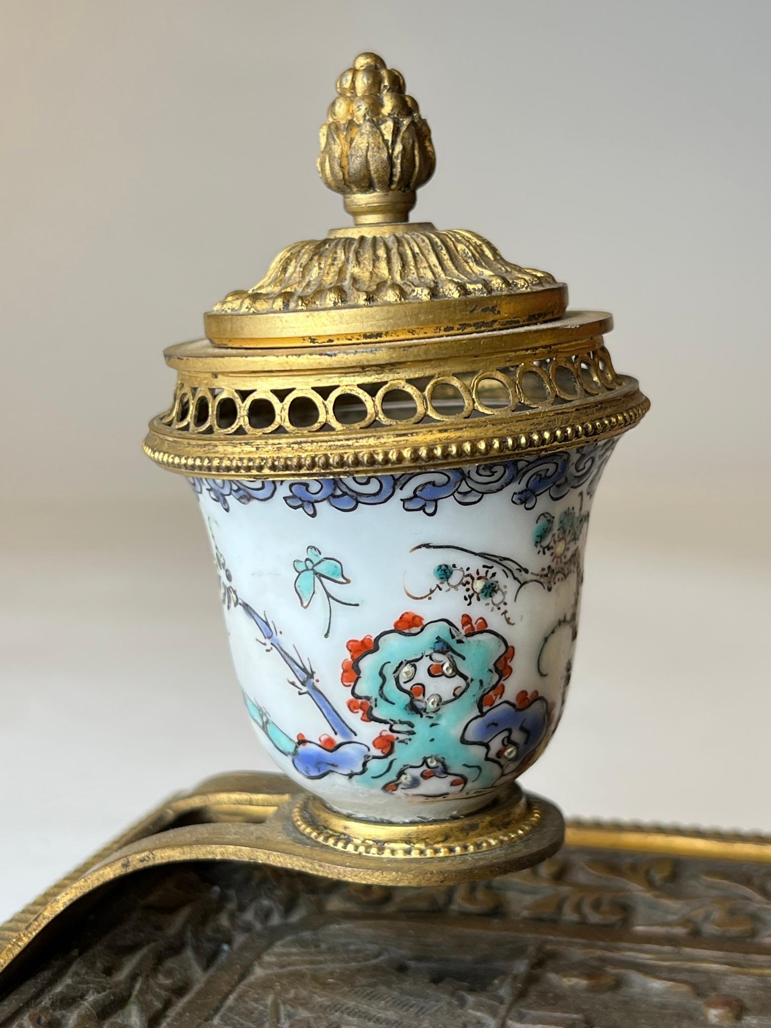 19th Century French Louis XVI style  Chinoiserie Bronze and Porcelain Inkwell 13