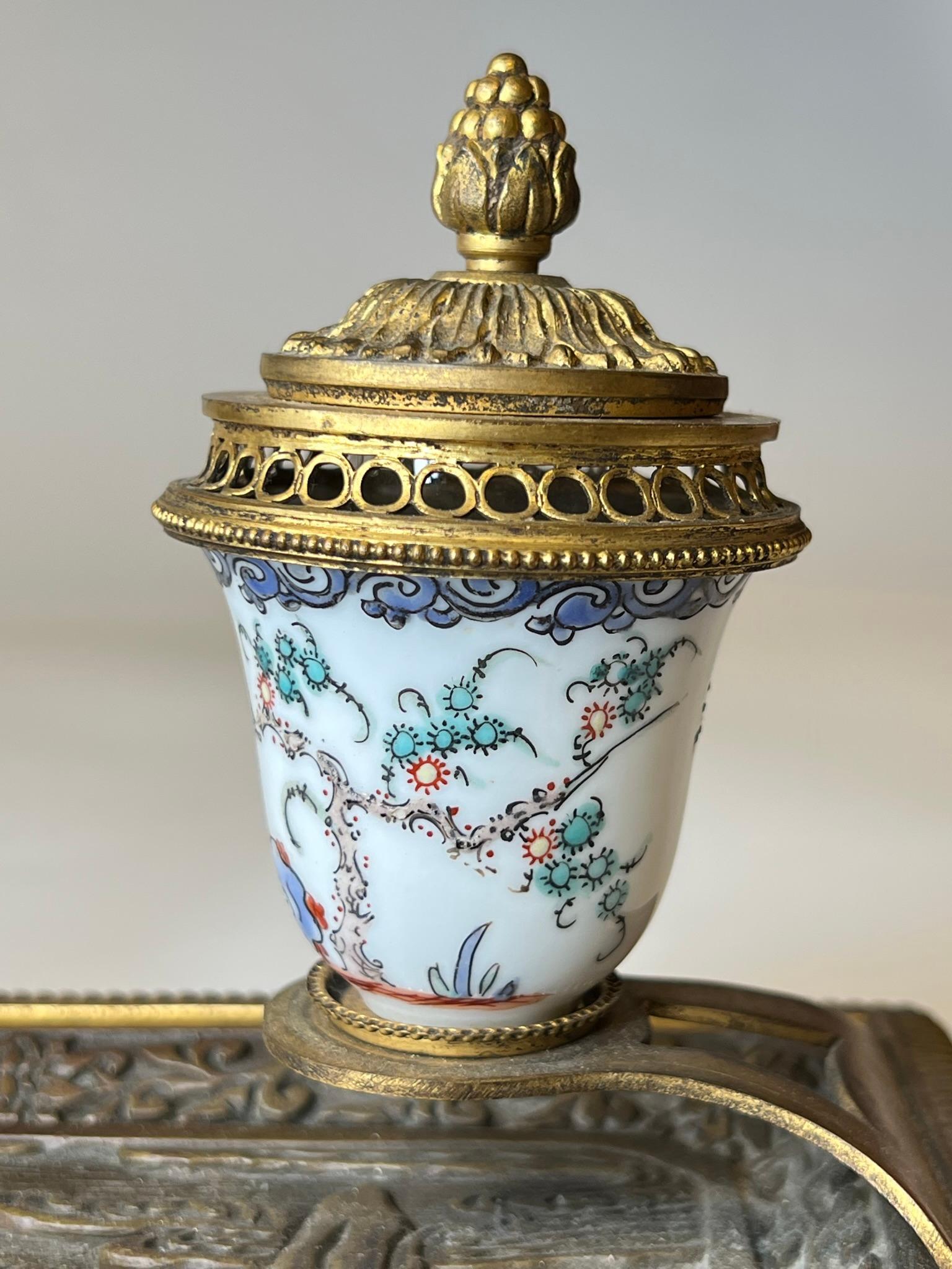 19th Century French Louis XVI style  Chinoiserie Bronze and Porcelain Inkwell 14