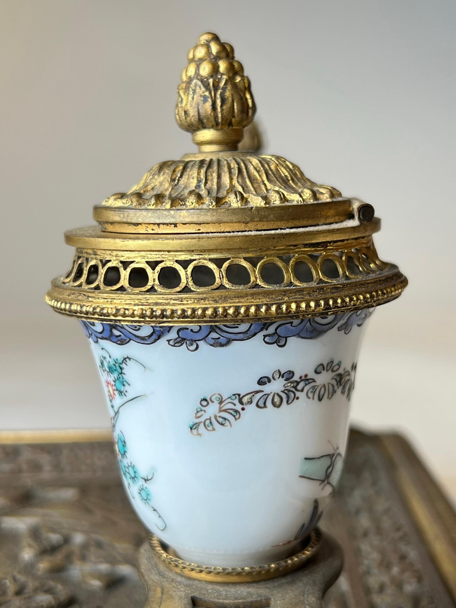 19th Century French Louis XVI style  Chinoiserie Bronze and Porcelain Inkwell 15